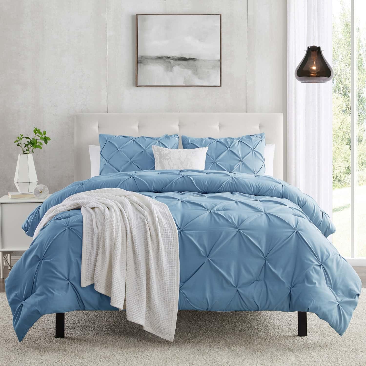 Queen Size 3 Piece Duvet Cover Set - Ultra Soft Microfiber Comforter Cover with Button Closure (90x90) & 2 Pillow Shams - Pintuck & Pinch Pleated Design in Blue Heaven | Perfect for Master Bedroom, Guest Room & Luxury Hotel Style Bedding
