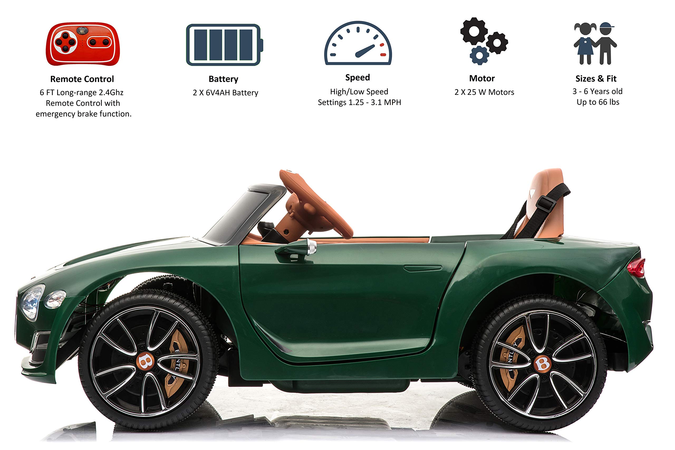 Bentley EXP12 Kids Ride-On Toy Car - 12V Battery Powered Electric 4-Wheeler with Parent Remote Control, Foot Pedal, 2 Speeds, Music, AUX & LED Headlights - Green Luxury Toy Vehicle for Boys & Girls - Perfect for Birthday Gifts, Outdoor Play & Pretend Driving Fun