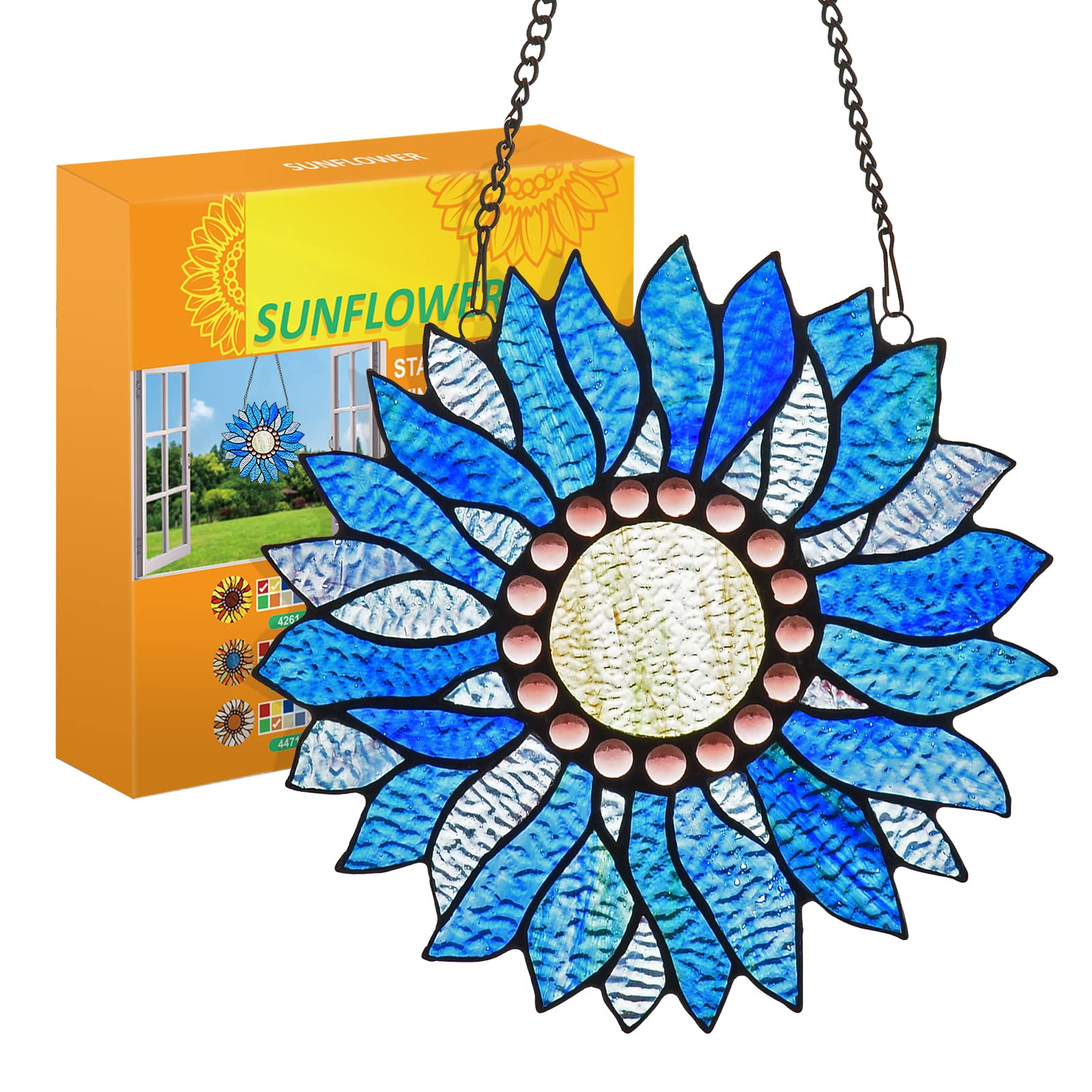 Handmade Tiffany Style Sunflower Stained Glass Suncatcher - Large Size Window Hanging Decor for Home, Office & Garden - Perfect Gift for Family & Friends | Adds Colorful Light to Living Rooms, Kitchens & Outdoor Spaces