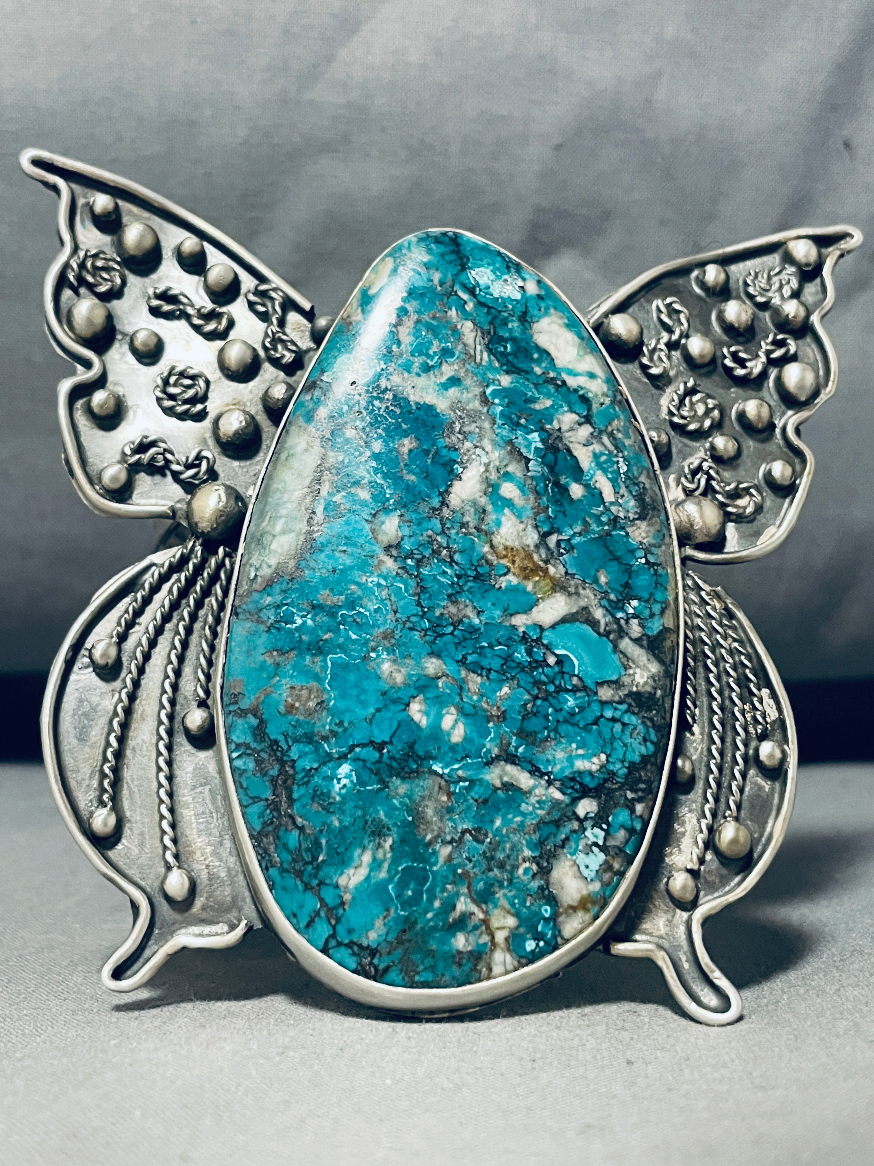 **153g Sterling Silver Butterfly Bracelet with Turquoise Spiderweb Design - Elegant Handmade Jewelry for Women, Perfect for Parties & Gifts**