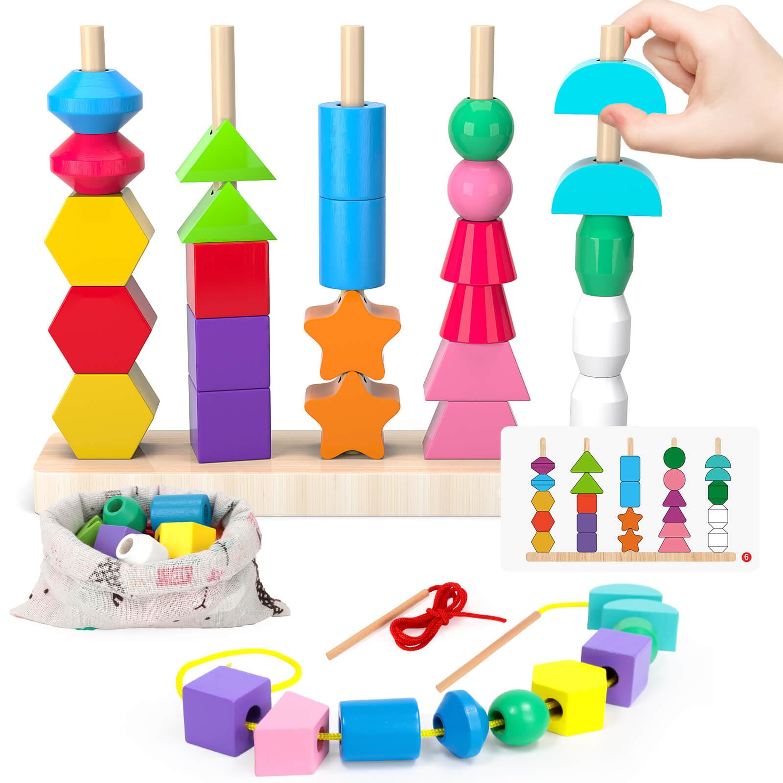SOLMAN Montessori Wooden Stacking Shape Sorter Toys for Toddlers - Educational Learning Toys for Boys & Girls Ages 1-3 | Perfect Birthday Gift for Toddlers | Develop Fine Motor Skills & Color Recognition - Ideal for Home, Preschool & Daycare Playtime