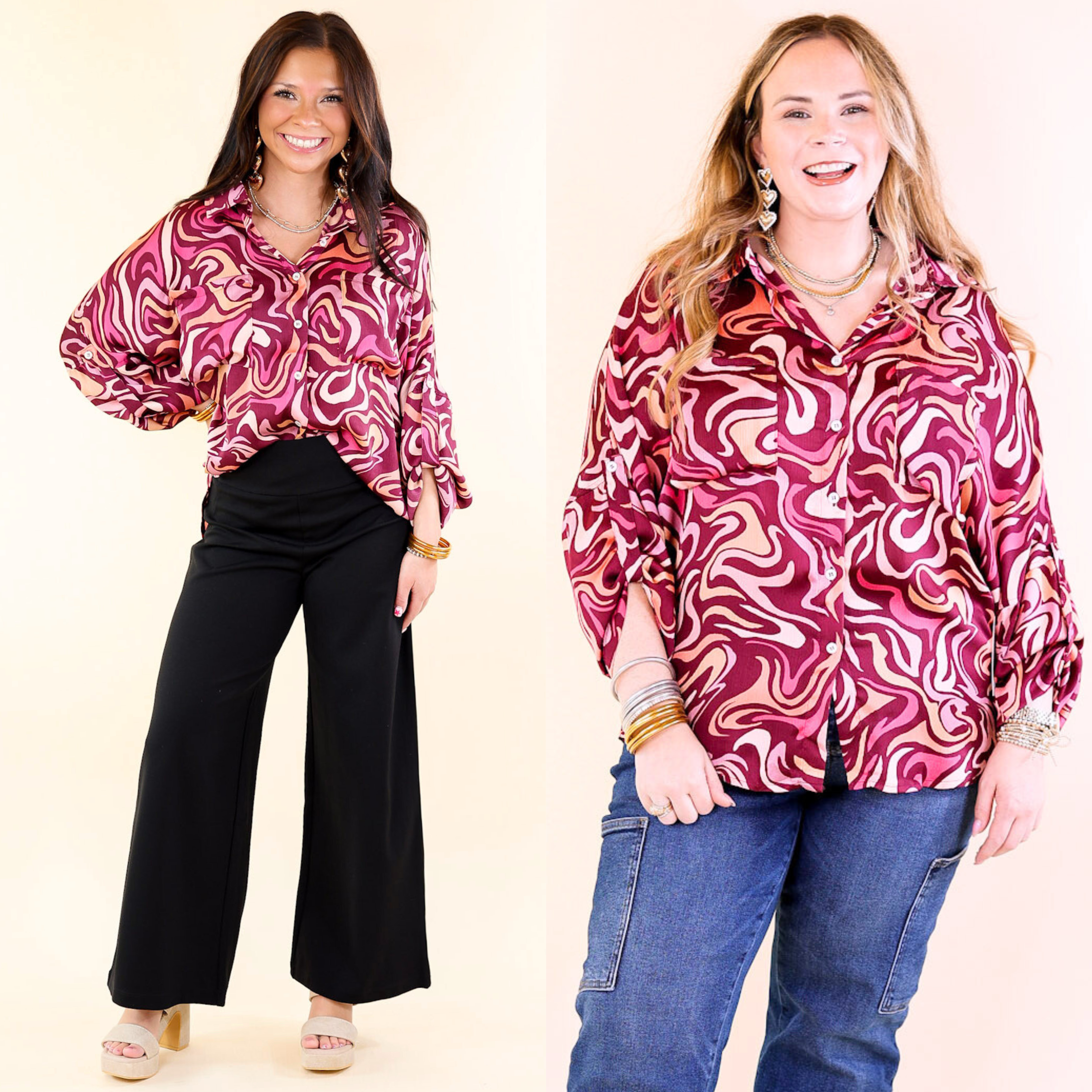 Stylish Magenta Purple Swirl Print Button-Up Top for Women | Casual & Office Wear | Perfect for Day Outings & Work