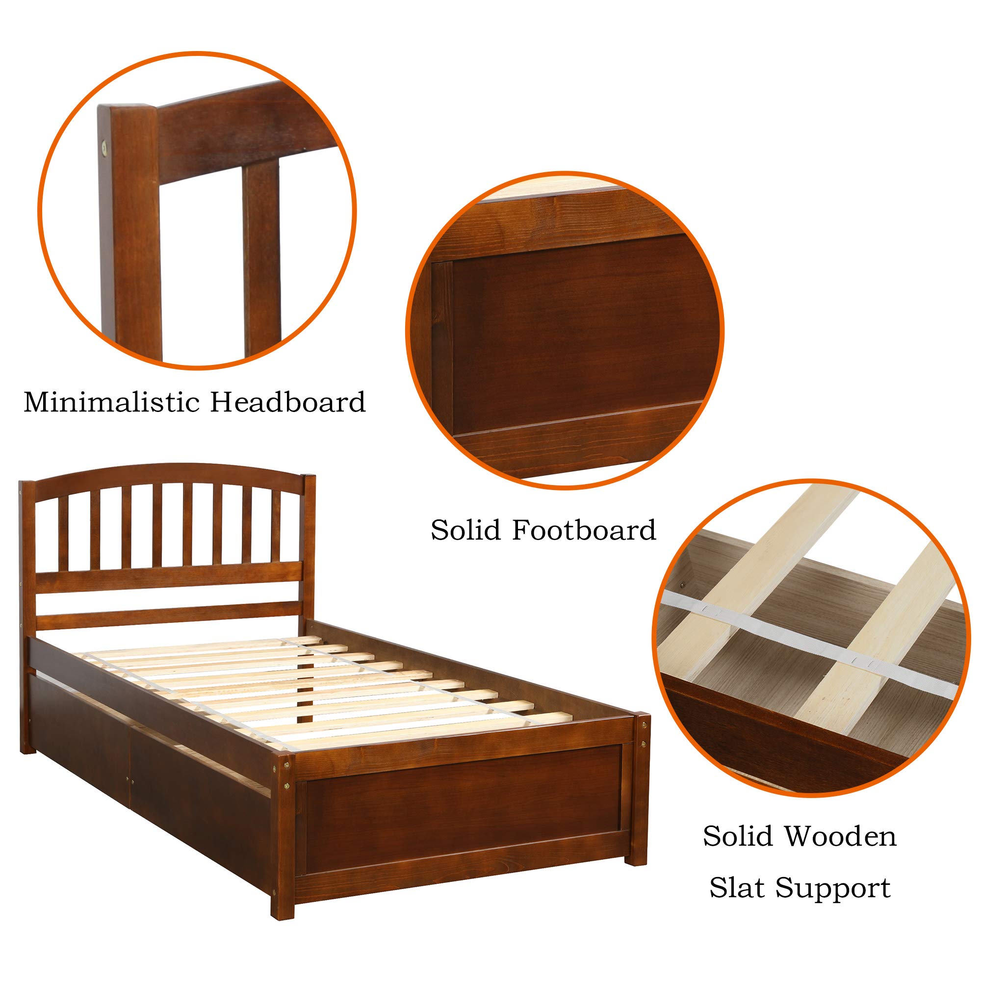 Merax Twin Size Platform Bed Frame with 2 Storage Drawers & Headboard - Solid Wood, Walnut Finish - Perfect for Small Bedrooms & Guest Rooms