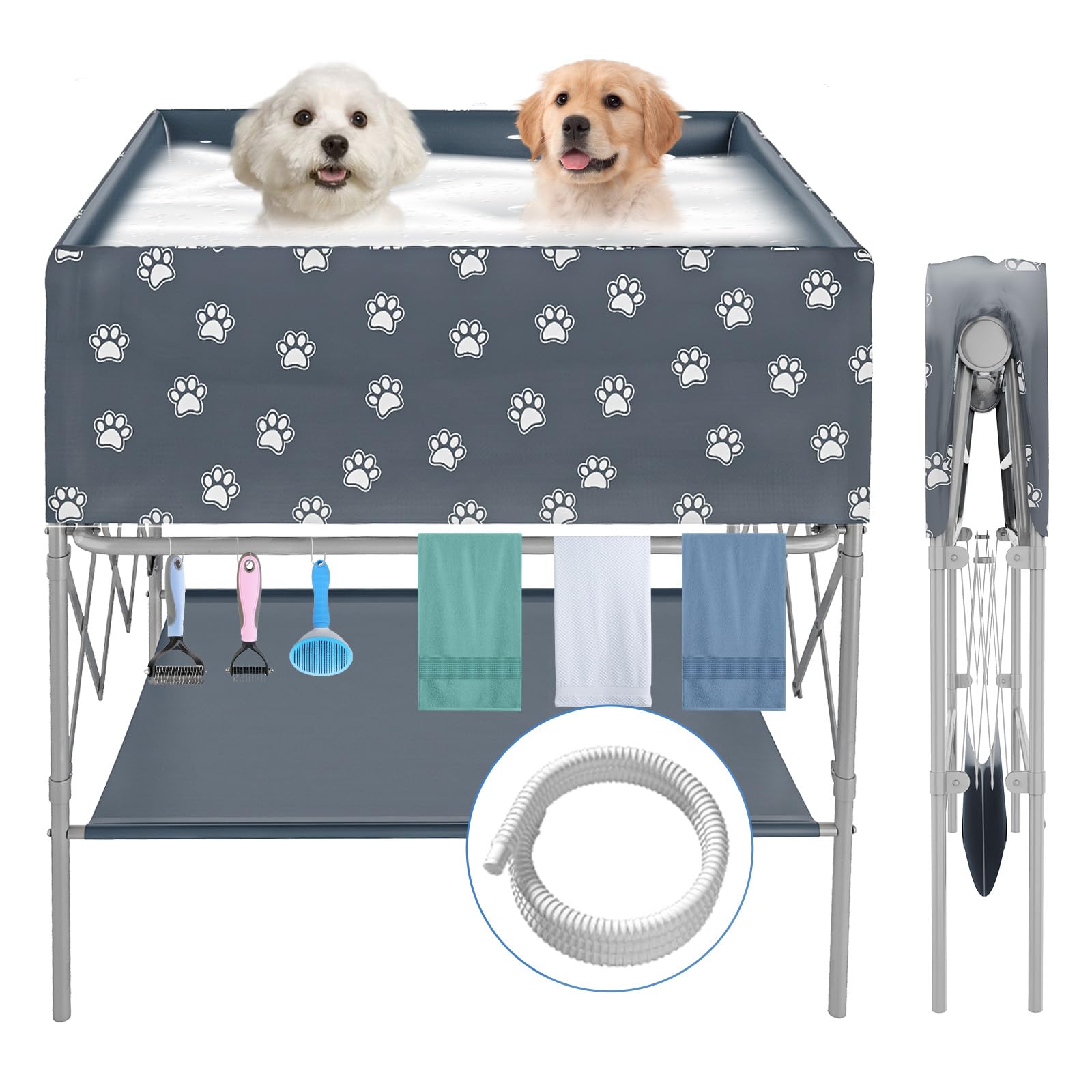 Foldable Dog Bathtub & Washing Station for Small Medium Large Dogs - Portable Pet Grooming Tub with Drainage for Indoor/Outdoor Use - Perfect for Bathing, Showering & Grooming at Home or Backyard