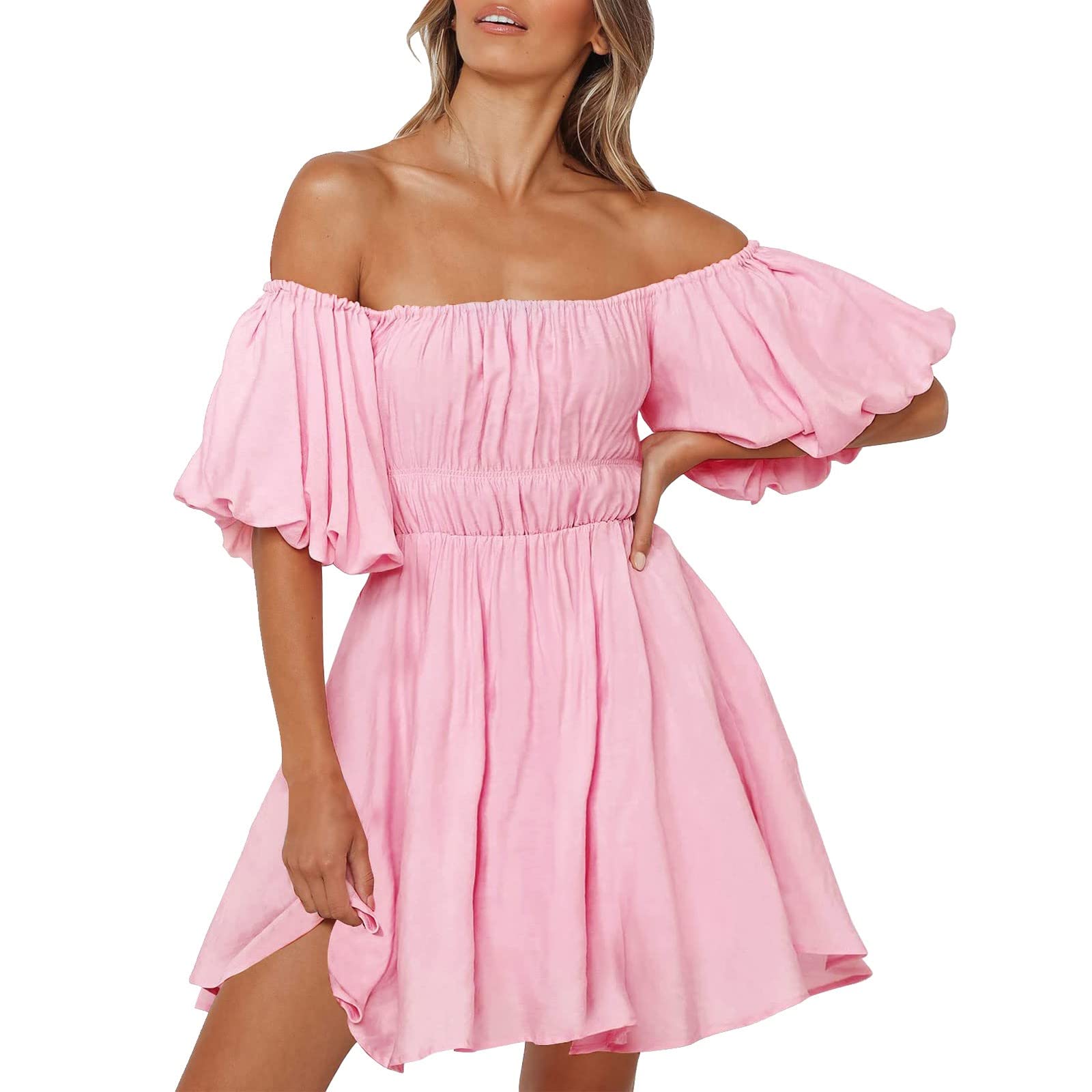 Women's Summer Puff Sleeve Off Shoulder Mini Dress - Flowy A-Line Ruffled Swing Dress for Beach, Party & Vacation | Comfortable Casual Sundress