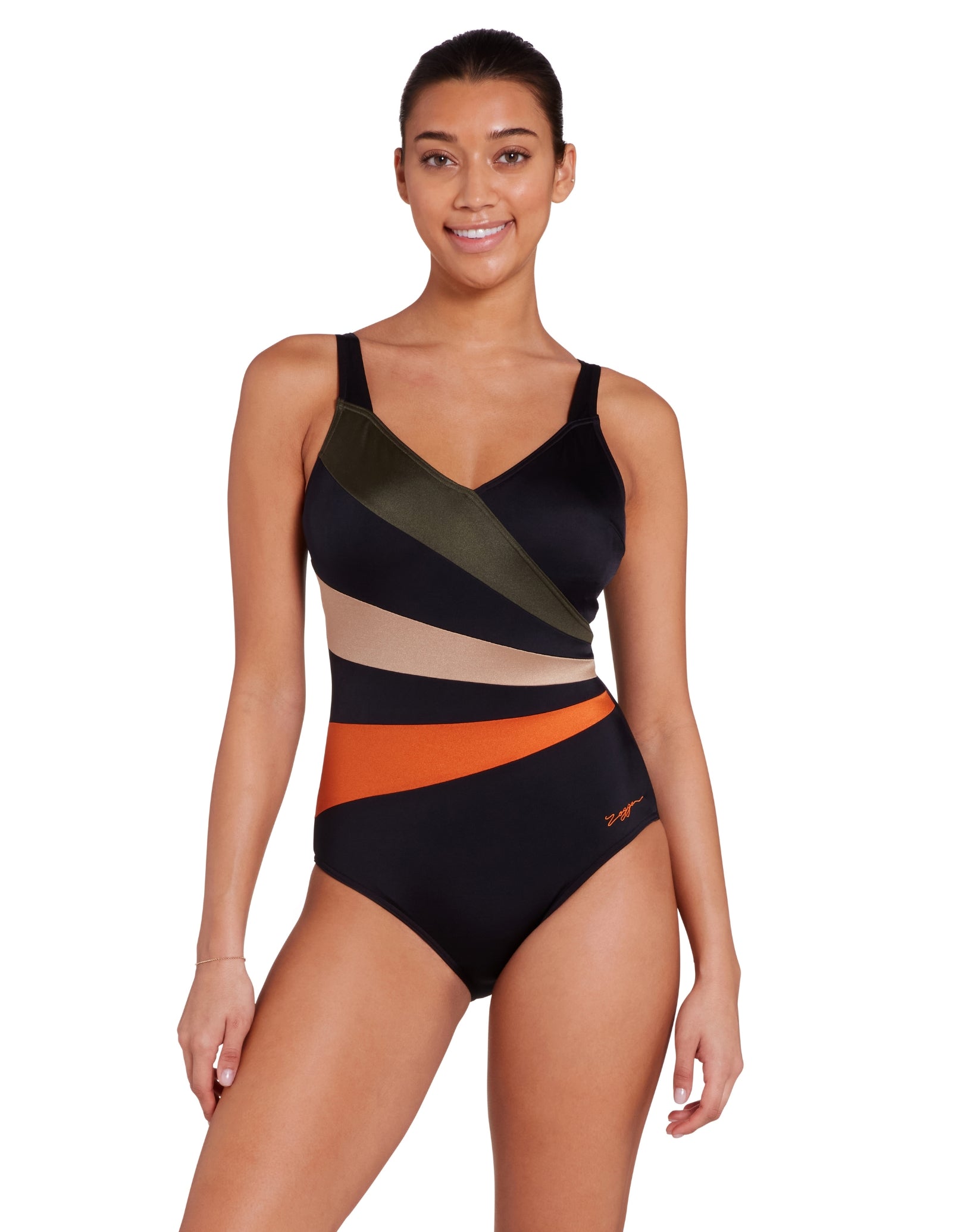 Dream Wrap Panel Classicback Swimsuit - Black, Green & Orange Colors | Stylish One-Piece Bathing Suit for Women | Perfect for Beach, Pool & Summer Vacations