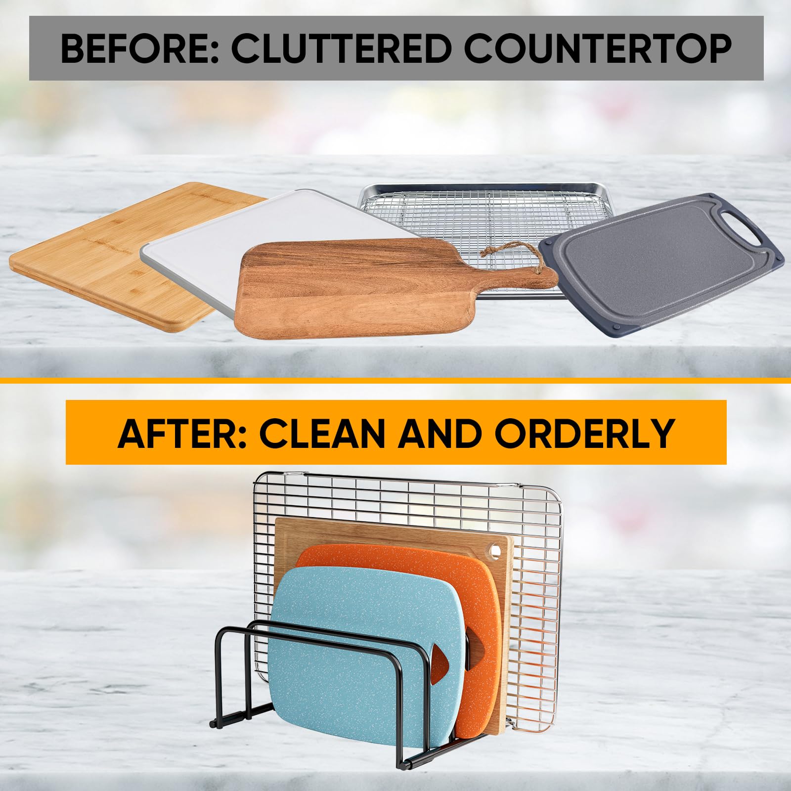 Premium Metal Cutting Board Organizer Rack - Space-Saving Holder Stand for Cutting Boards, Baking Sheets & Cookie Pans | Kitchen Cabinet Storage Solution for Organized Bakeware - Perfect for Small Kitchens & Professional Bakeries