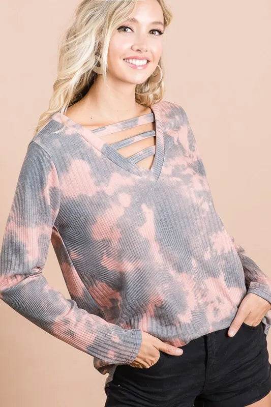 BiBi Variegated Tie Dye Rib V Neck Top with Straps - Stylish Casual Women's T-Shirt for Summer Outings & Beach Vacations