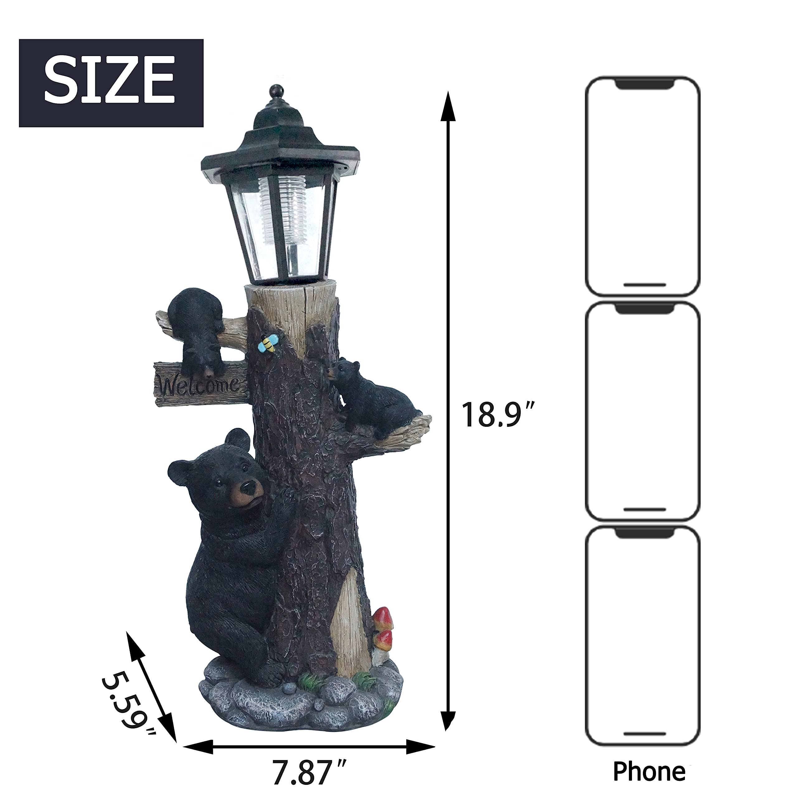 Solar-Powered Bear Statue Welcome Sign - 19 Inch Resin Bear Family on Tree Outdoor Decor for Garden, Yard, Lawn & Patio - Weatherproof Black & Brown Animal Sculpture for Rustic Home & Cabin Decor