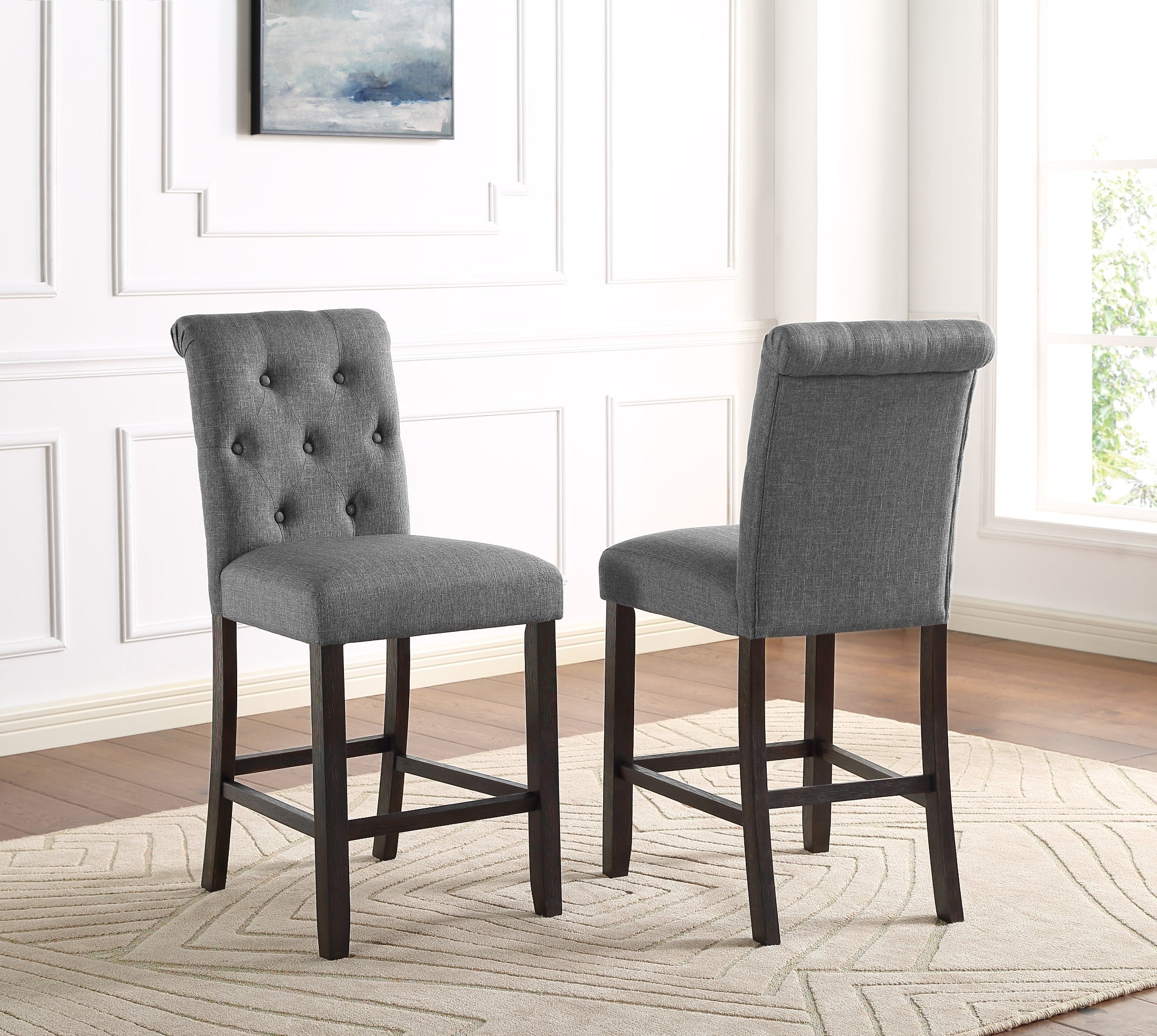 Roundhill Furniture Leviton Solid Wood Tufted Counter Height Bar Stools, Set of 2, Grey - Perfect for Kitchen Islands, Breakfast Bars & Home Decor