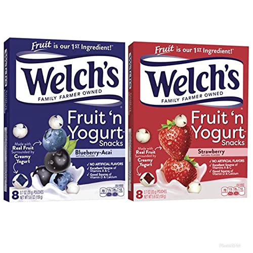 Welchs Fruit & Yogurt Snacks Bundle - 16 Pouches (8 Blueberry-Acai + 8 Strawberry) | Healthy Kids Snacks for Lunch Box, School, Travel & On-the-Go | Gluten Free Snack Packs