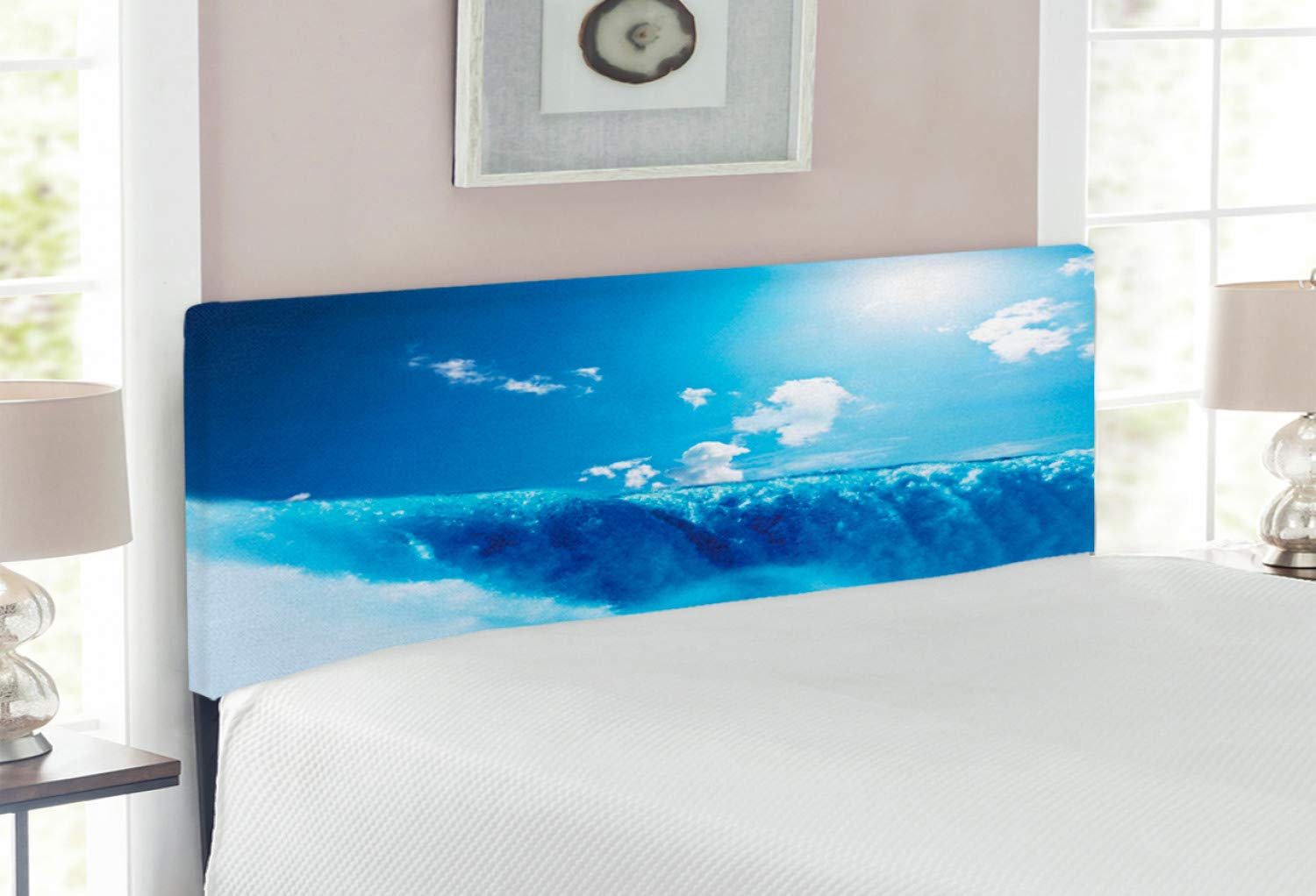Ambesonne Waterfall Headboard - Niagara Falls & Clear Sky Landscape Print, Upholstered Metal Bed Headboard with Memory Foam, Full Size, Blue - Perfect for Nature-Themed Bedroom Decor & Relaxation