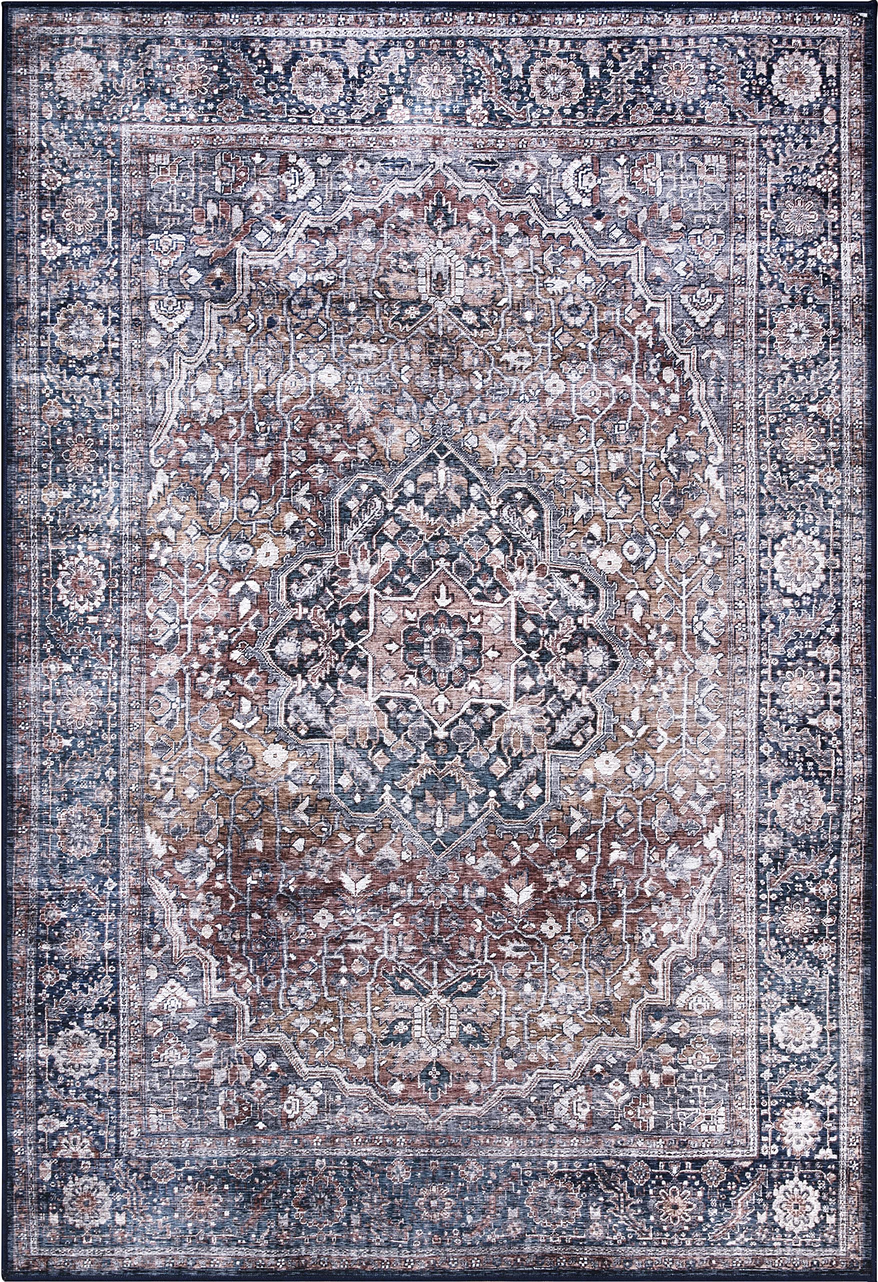 Abani 8' x 10' Vintage Rectangular Area Rugs - Blue & Brown Machine Washable Polypropylene Rug, Stain Resistant Non-Shedding Large Rug for Living Room, Bedroom, Dining Room & Office