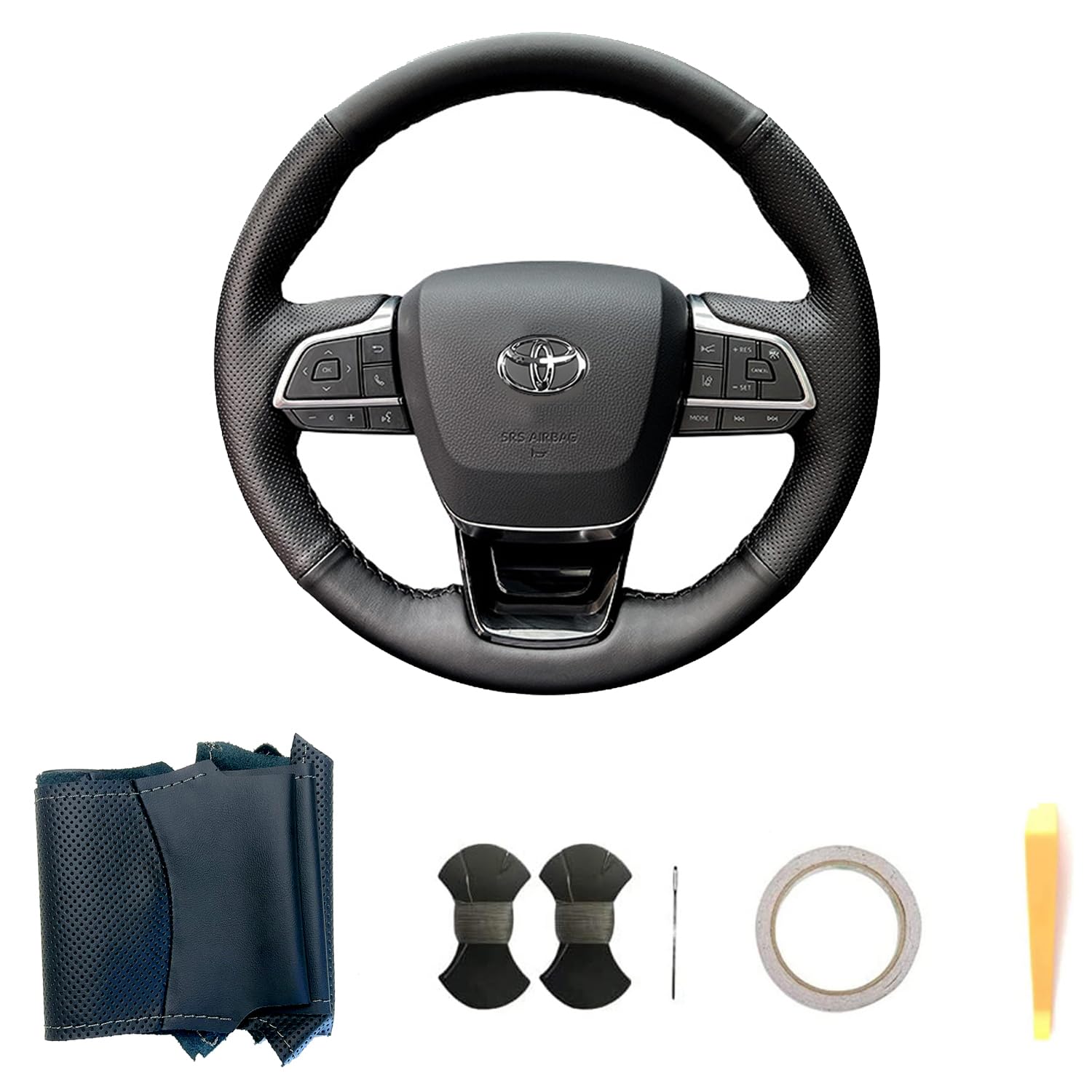 Premium Black Perforated Leather Steering Wheel Cover - Hand-Sewn Custom Fit for Toyota Highlander 2020 2021 2022 Models - Interior Protection & Enhanced Grip for Comfortable Driving