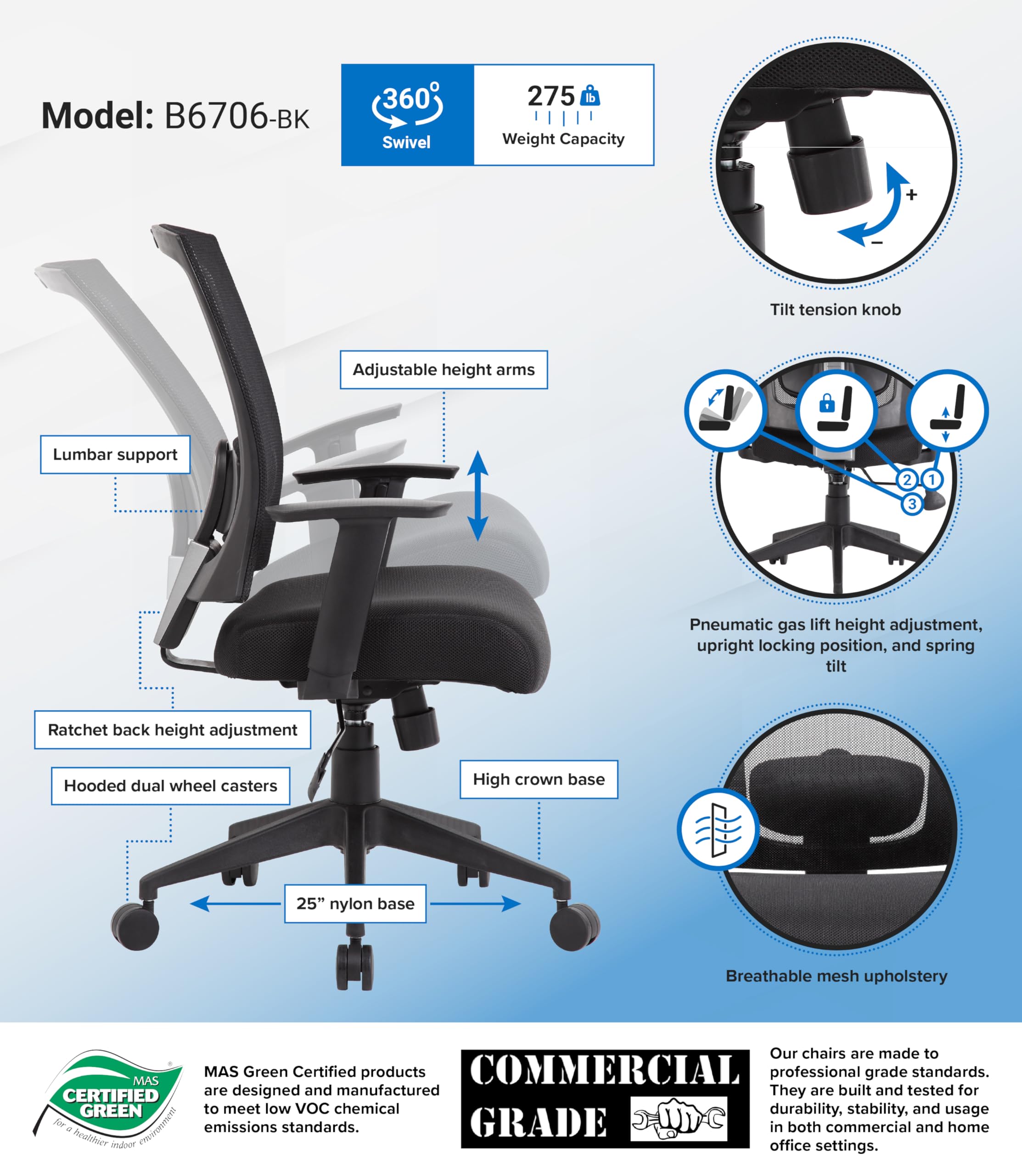 Boss Office Products Black Mesh Back Task Chair - Ergonomic Office Chair for Home & Workspace Comfort