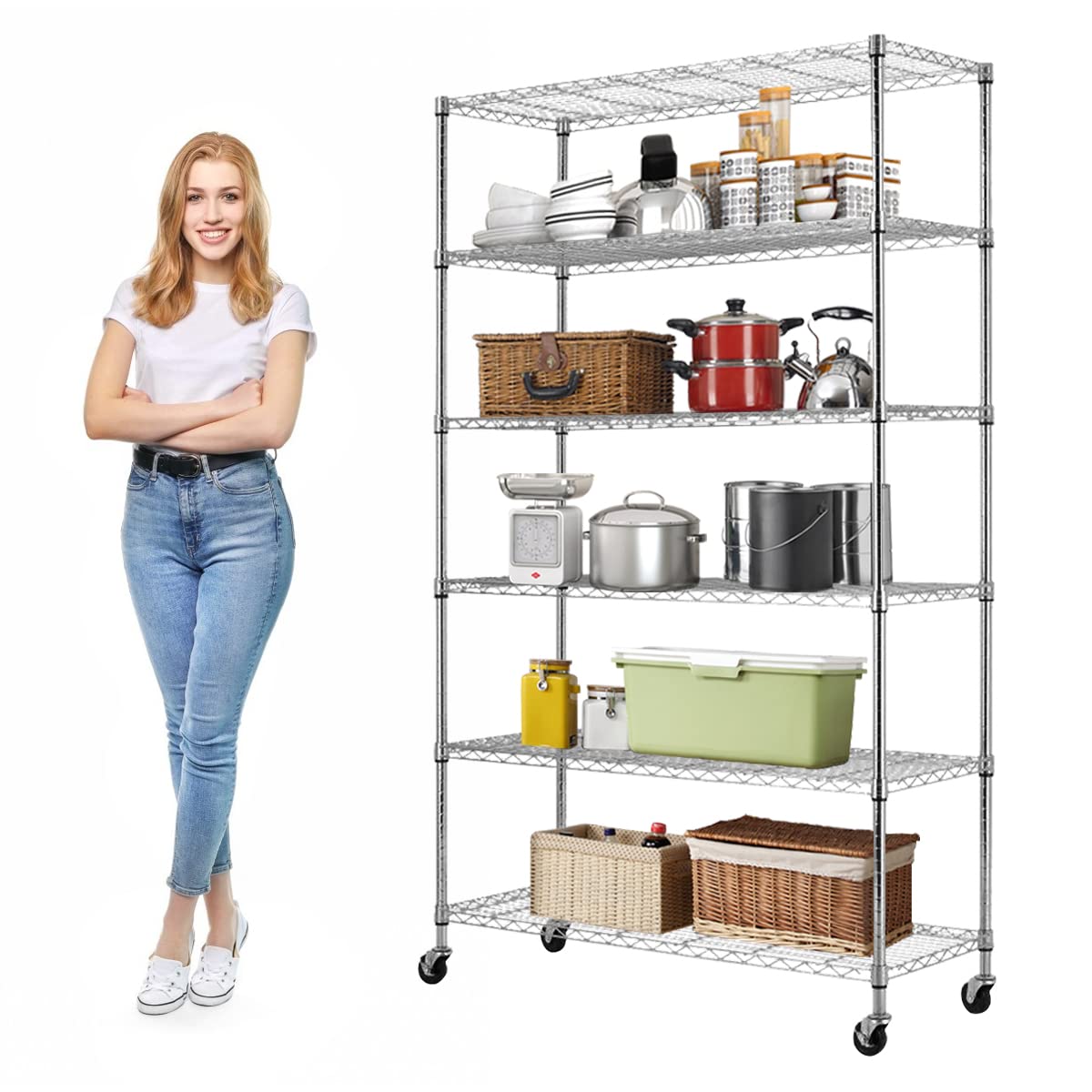 Heavy Duty 6-Tier Adjustable Metal Shelving Unit with Wheels - 2100LBS Capacity, NSF Certified for Kitchen & Garage - 82