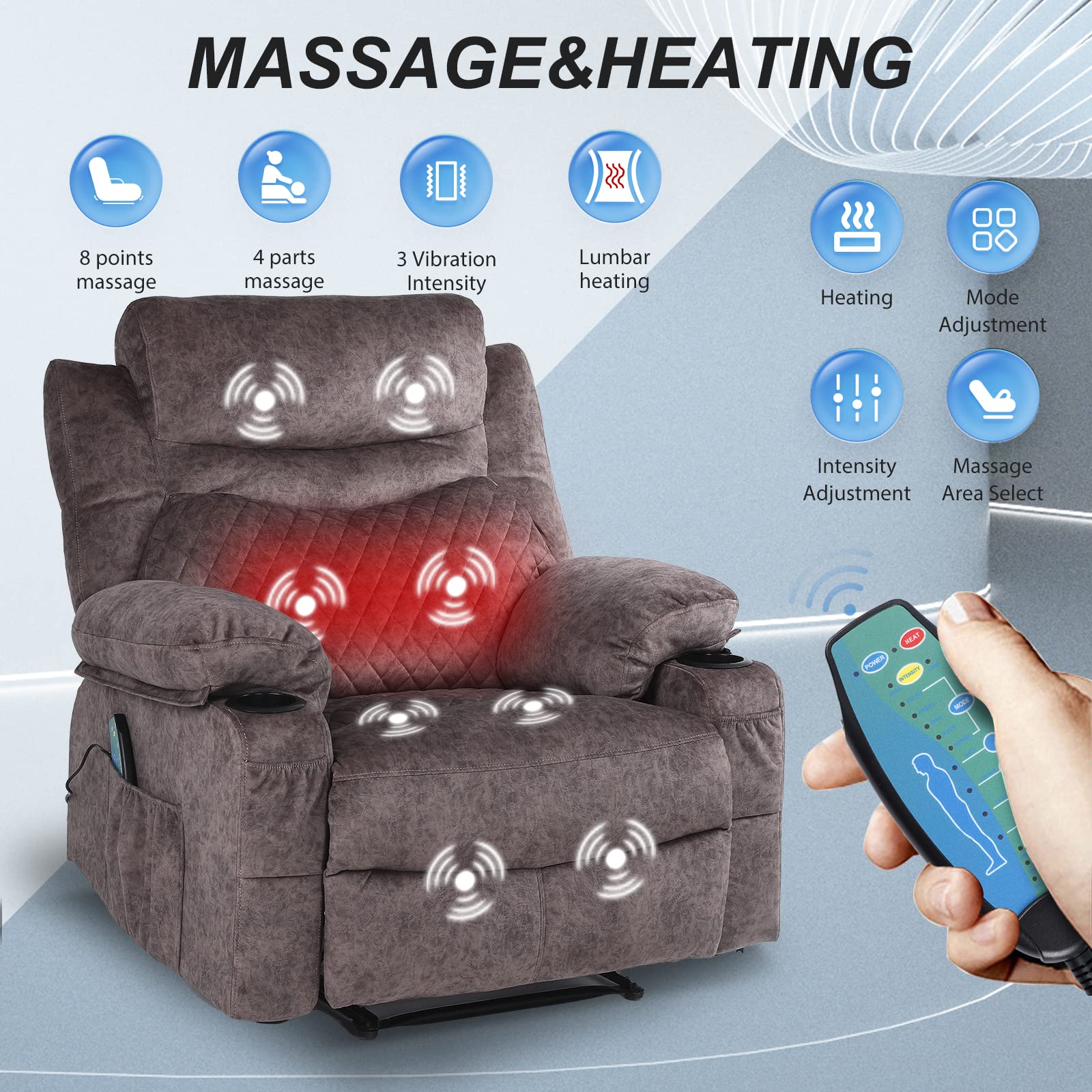Premium Overstuffed Massage Recliner Chair with Heat & Manual Recline - Soft Fabric Theater Recliner with Cup Holders (Brown) - Perfect for Living Room, Home Theater & Relaxation