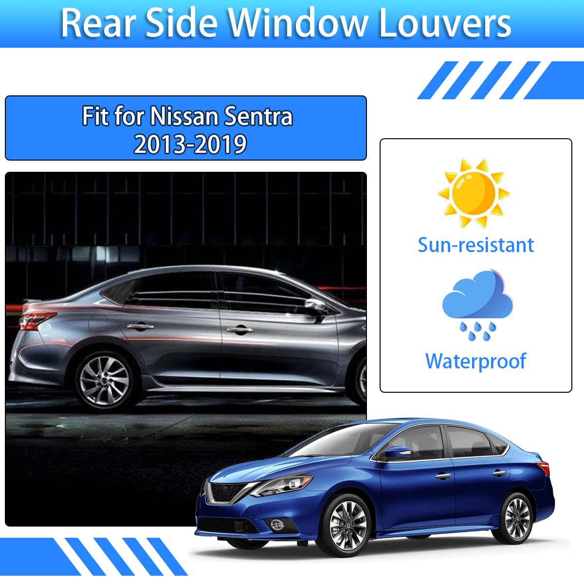 Nissan Sentra 2013-2019 Rear Side Window Louvers - Carbon Fiber Air Vent Scoop Shades (2PCS) | Sporty Exterior Accessories | Enhances Style & Sun Protection for Daily Driving & Car Shows