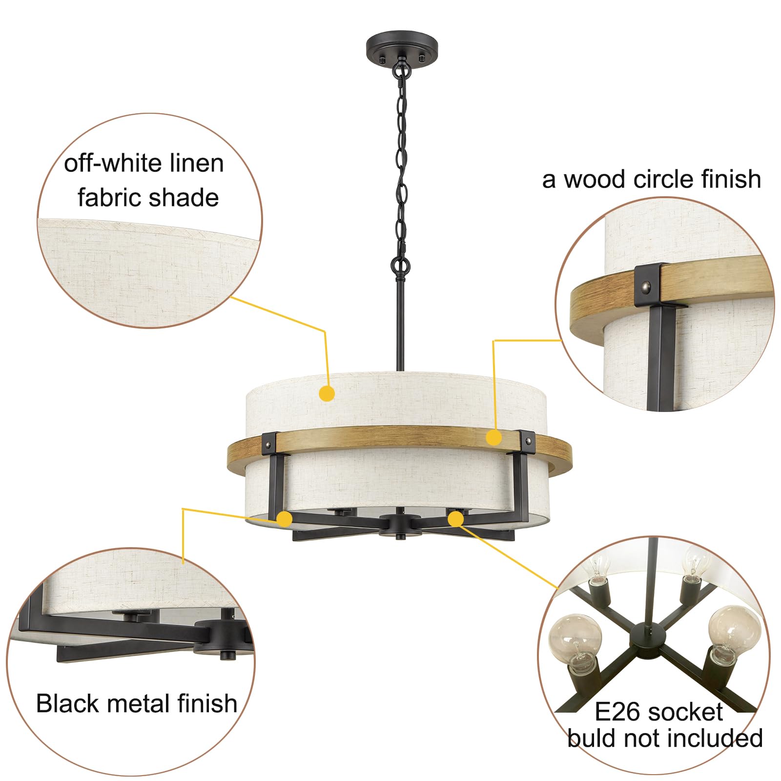 Rustic Drum Chandelier - 4-Light Farmhouse Pendant Light with Off-White Fabric Shade for Dining Room, Kitchen Island & Bedroom Lighting | Vintage Industrial Ceiling Fixture