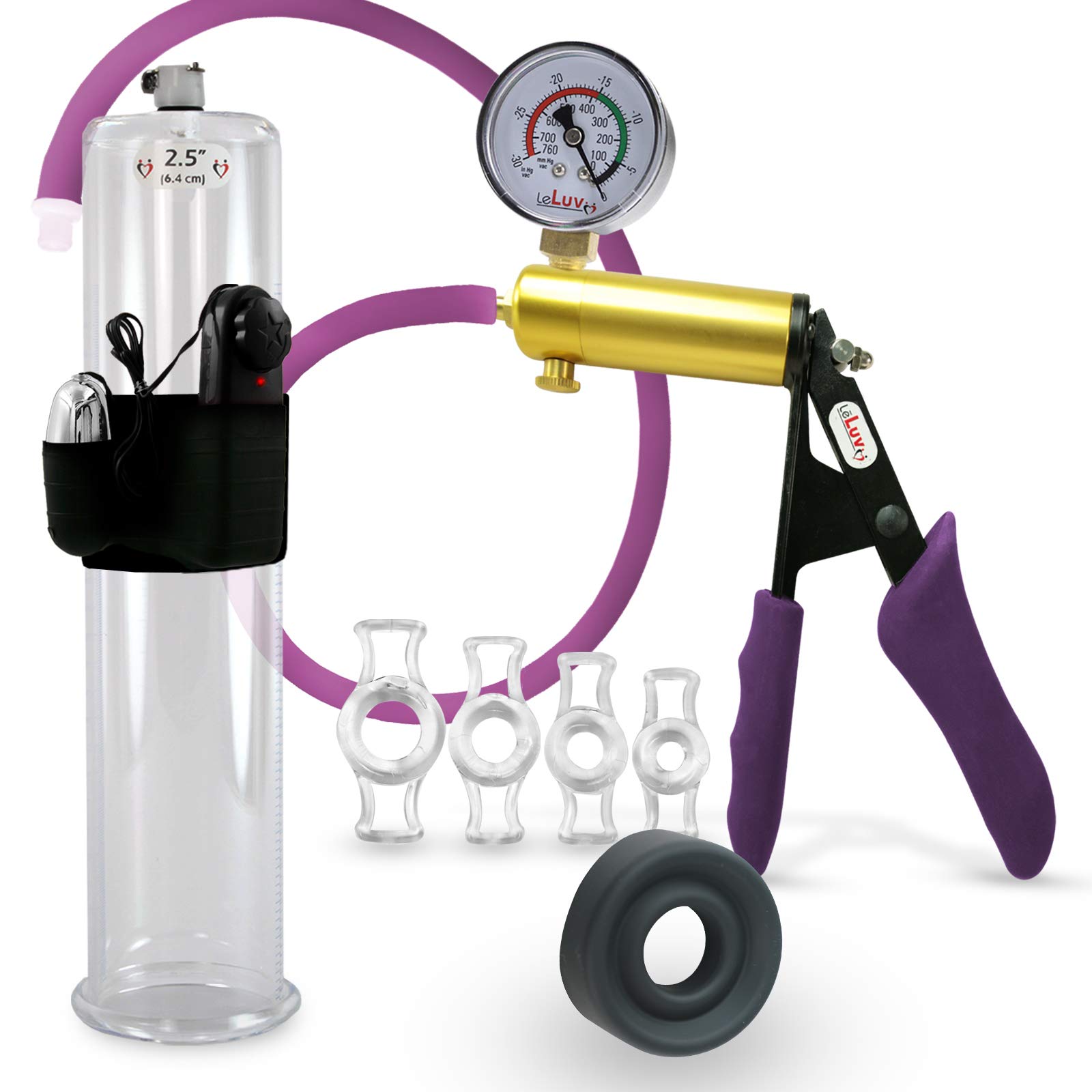 LeLuv Premium Ultima Brass Handle Penis Pump Kit with Purple Silicone Grips, Silicone Hose & Gauge - Includes TPR Seal & 4 Constriction Rings - 12