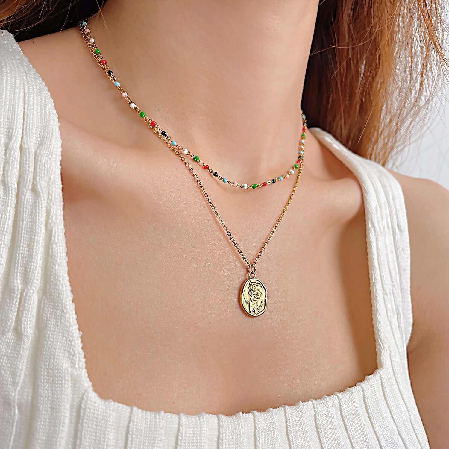 Gold Coin Layering Flower Seed Bead Chain Necklace | GX2310 - Elegant Boho Jewelry for Women, Perfect for Layering, Parties & Everyday Wear