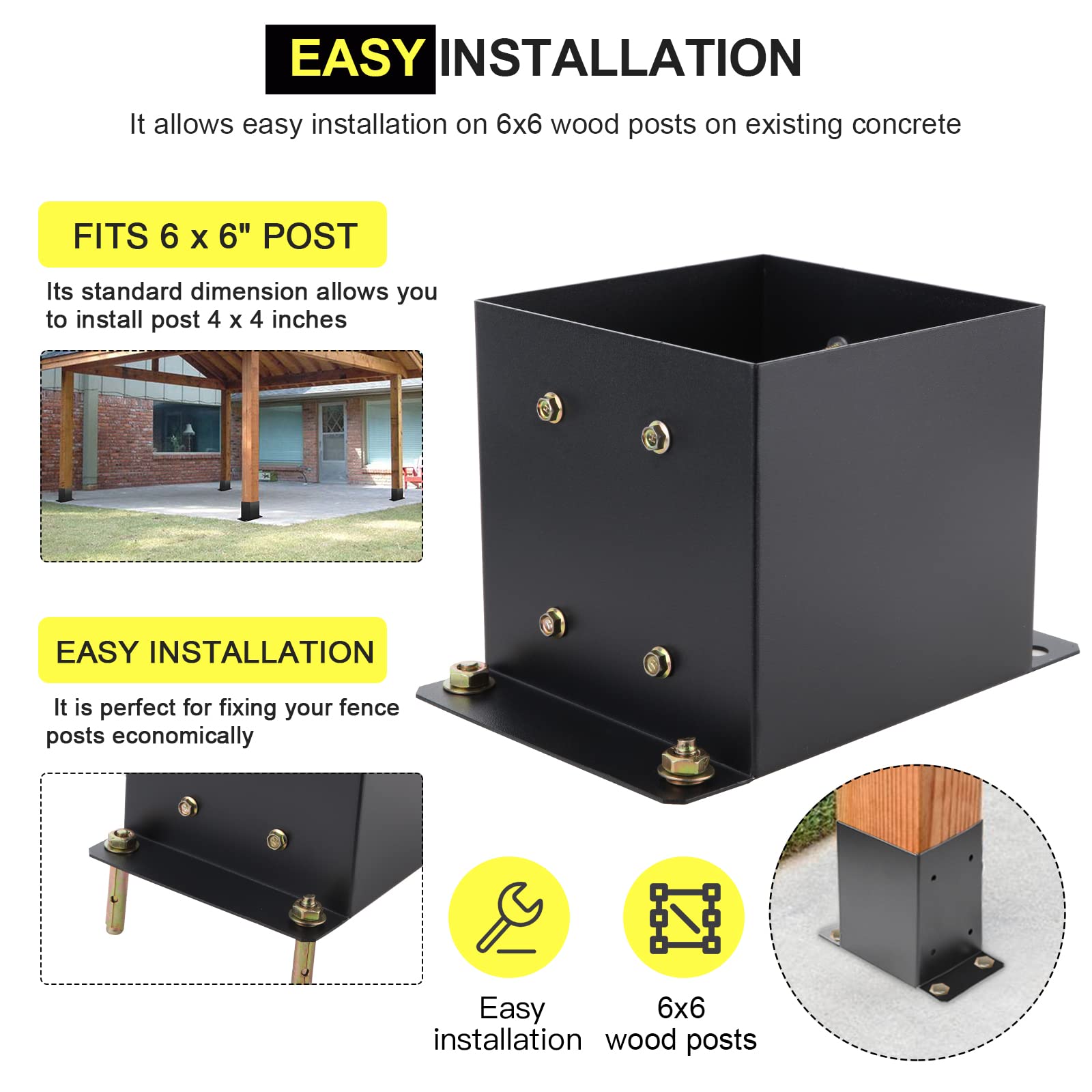6X6 Heavy Duty Metal Post Base Bracket - 10PCS Black Powder Coated Deck Support with 5.6