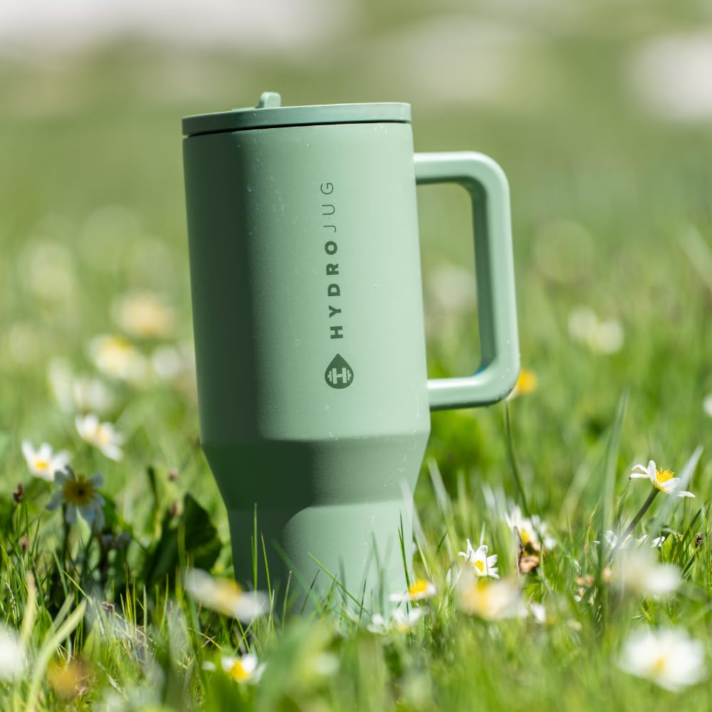 HydroJug Traveler - 40 oz Insulated Stainless Steel Water Bottle with Handle & Flip Straw - Leak Proof, Fits in Cup Holder, Reusable Tumbler with Rubber Base - Perfect Gift for Men & Women (Sage Green) - Ideal for Gym, Hiking, Office & Outdoor Activities