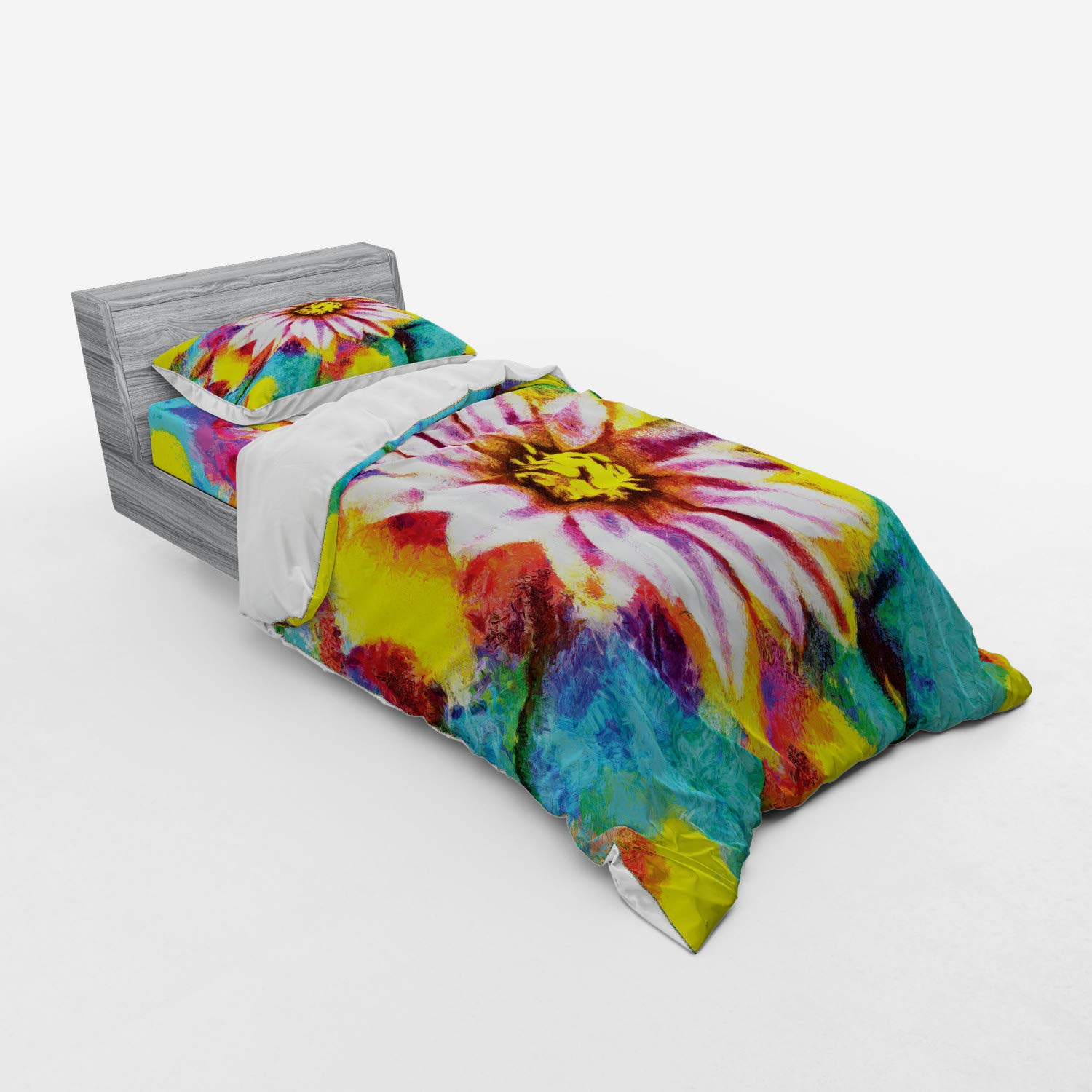Ambesonne Psychedelic Duvet Cover Set - Oil Paint Floral Abstract Design, 3-Piece Bedding Set with Pillow Sham & Fitted Sheet, Twin XL Size, Turquoise & Pink - Perfect for Bohemian Bedroom Decor & Guest Room Styling