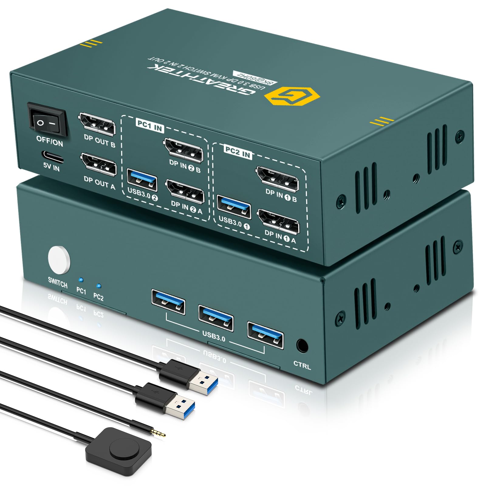 Premium 8K@60Hz & 4K@240Hz DisplayPort KVM Switch - Dual Monitor Support for 2 Computers with USB 3.0 Hub | Share Keyboard, Mouse, Printer & Peripherals | Ideal for Gaming, Office Work & Multi-PC Setups