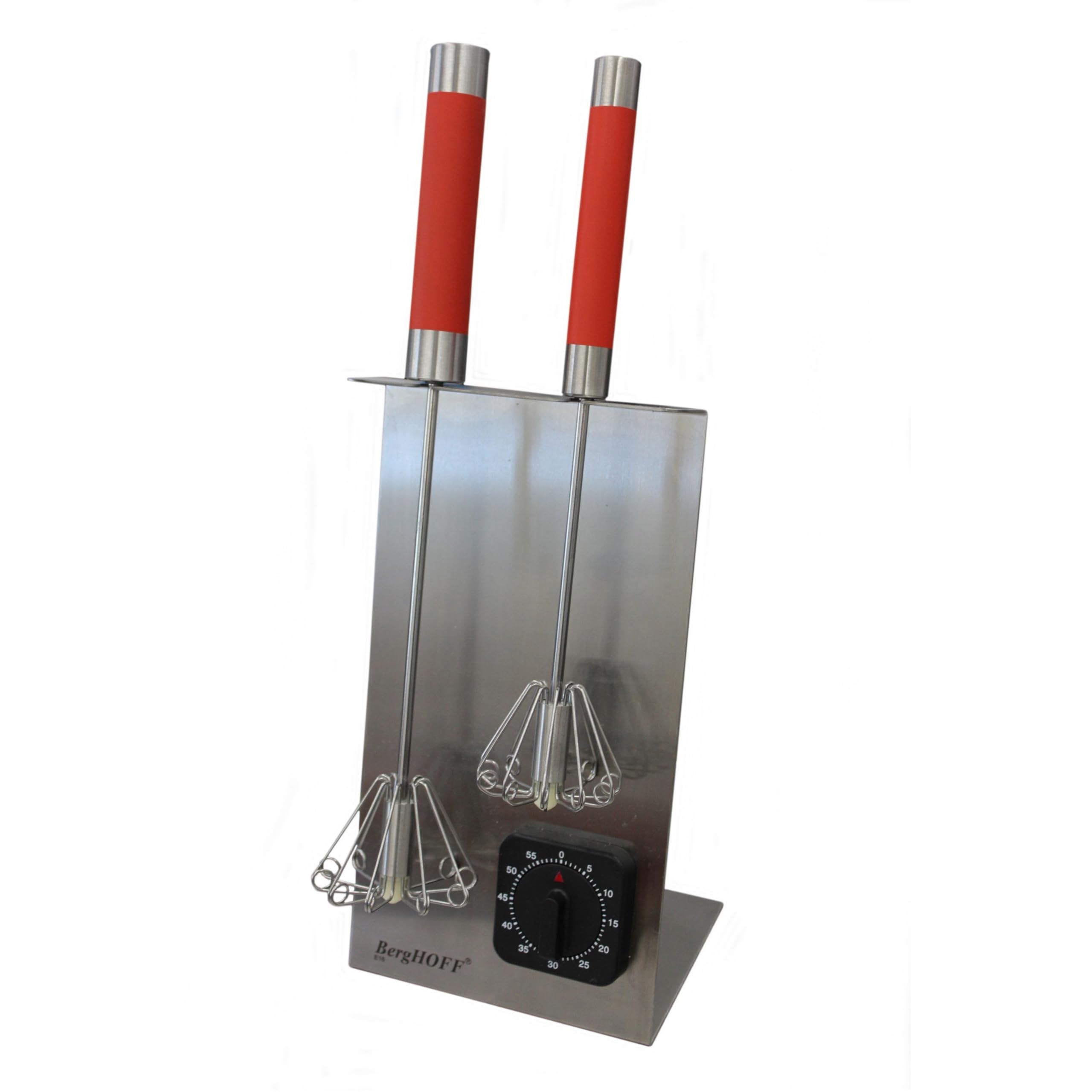 BergHOFF 3-Piece Stainless Steel Whisk Set with Stand & Timer - Silver & Red Ergonomic Handles - Perfect for Baking, Cooking, and Kitchen Decor