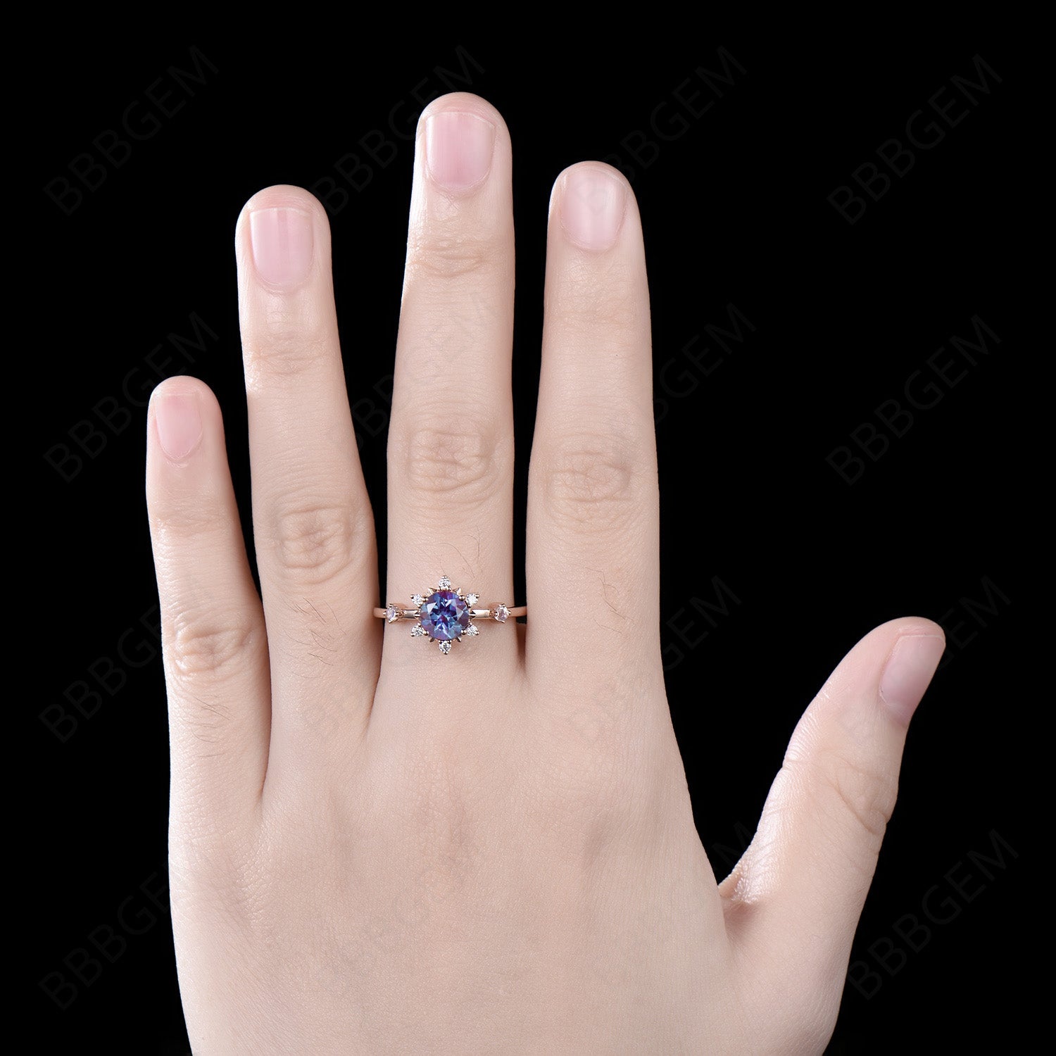 Floral Engagement Ring for Women - Rose Gold Round Alexandrite Halo Wedding Ring with Diamond Accents | Perfect for Proposals, Anniversaries & Bridal Jewelry