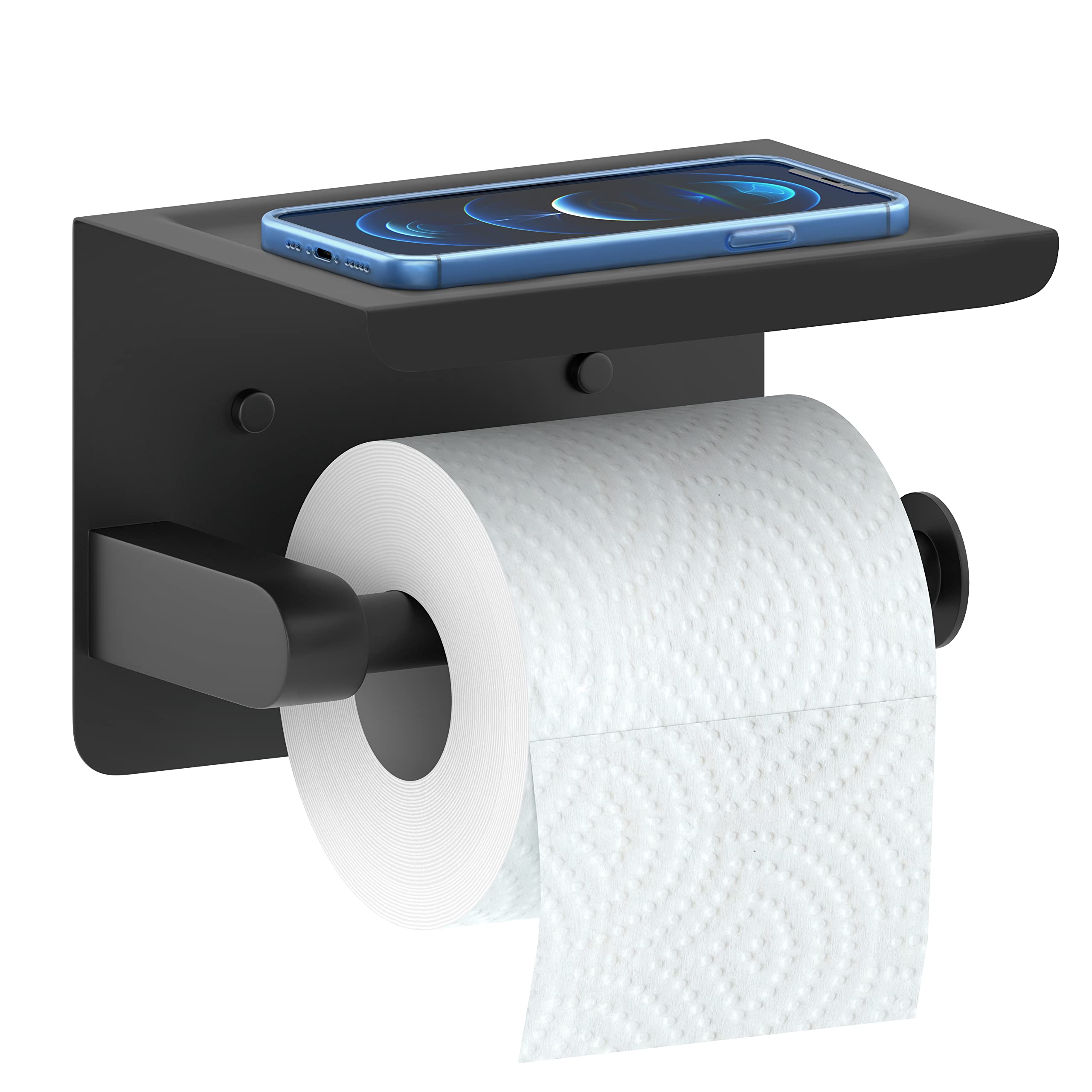 Matte Black SUS304 Stainless Steel Toilet Paper Holder with Shelf - Wall Mounted Bathroom Tissue Roll Holder - Includes Screws & Adhesive - Perfect for Modern Bathrooms, Powder Rooms & RVs (1 Pack)
