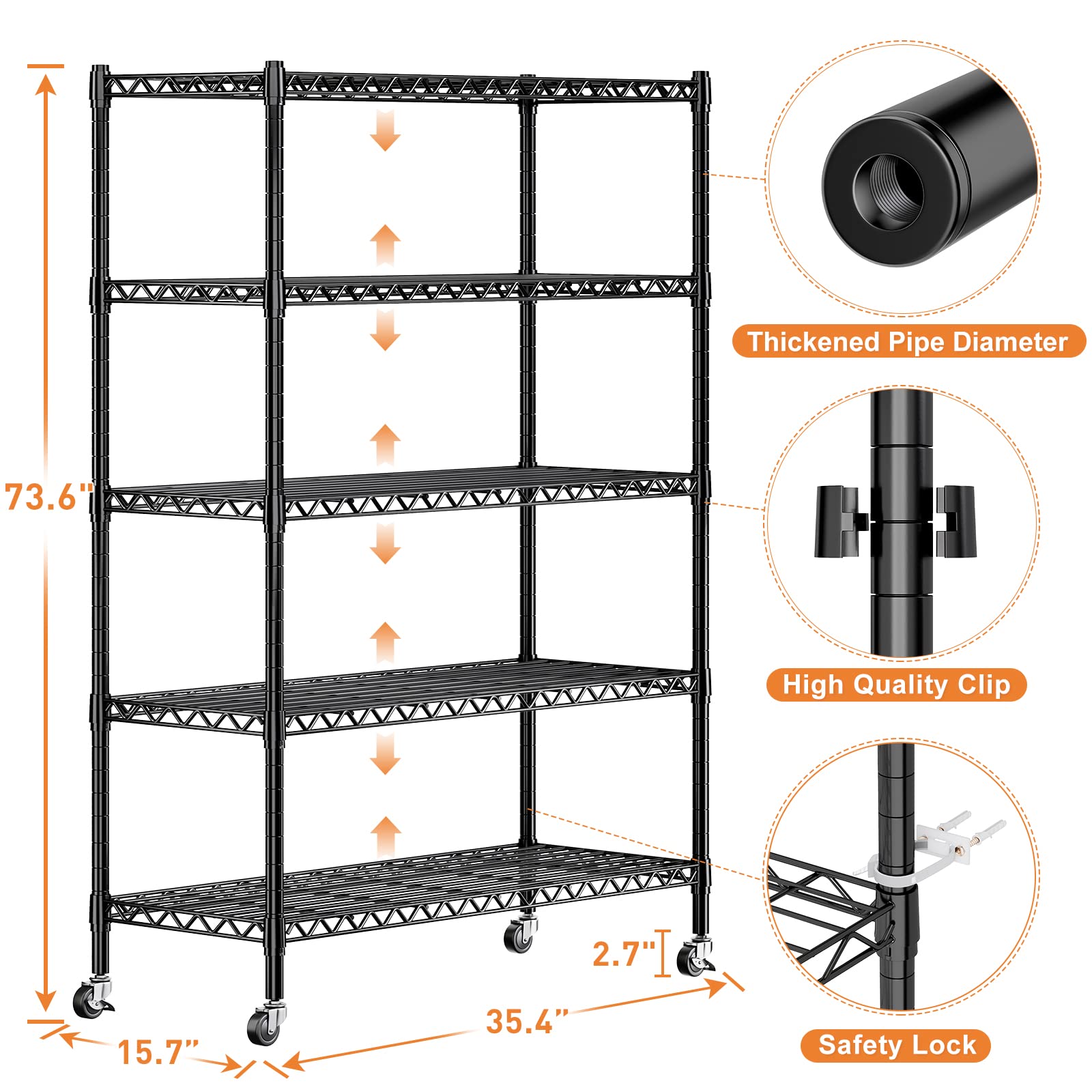 REIBII 5-Tier Adjustable Metal Wire Shelving Unit with Wheels & Feet - 15.7