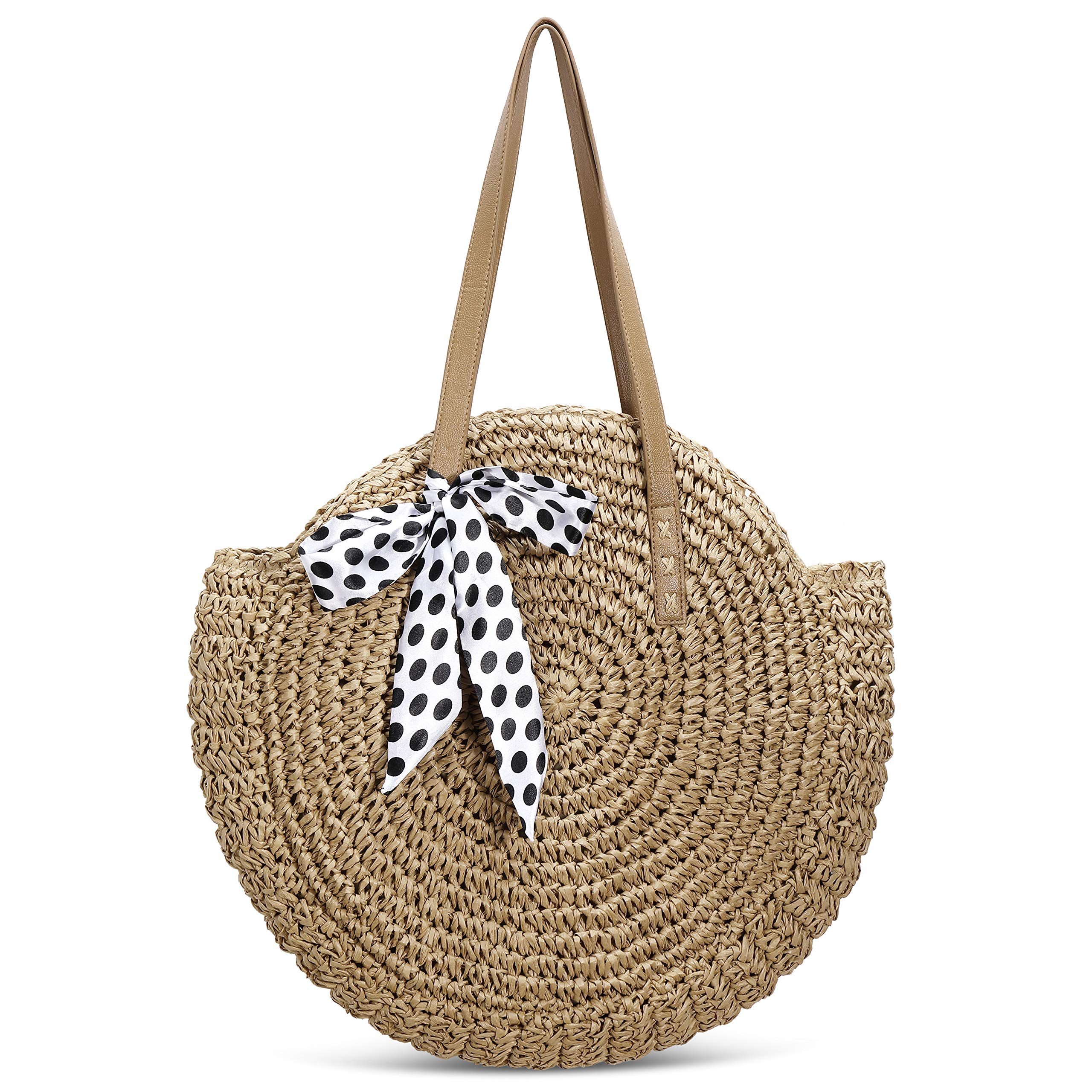 Large Round Woven Straw Beach Bag for Women - Summer Vacation Tote with Handles & Shoulder Strap - Perfect for Beach Outings, Picnics, and Shopping