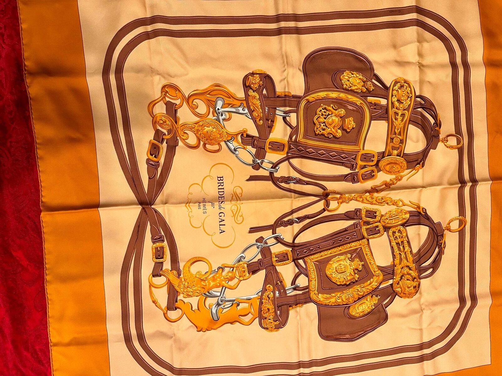 Authentic Hermes Brides De Gala 90cm Orange Brown Silk Scarf - Luxury Fashion Accessory for Women, Perfect for Gifts, Parties & Special Occasions