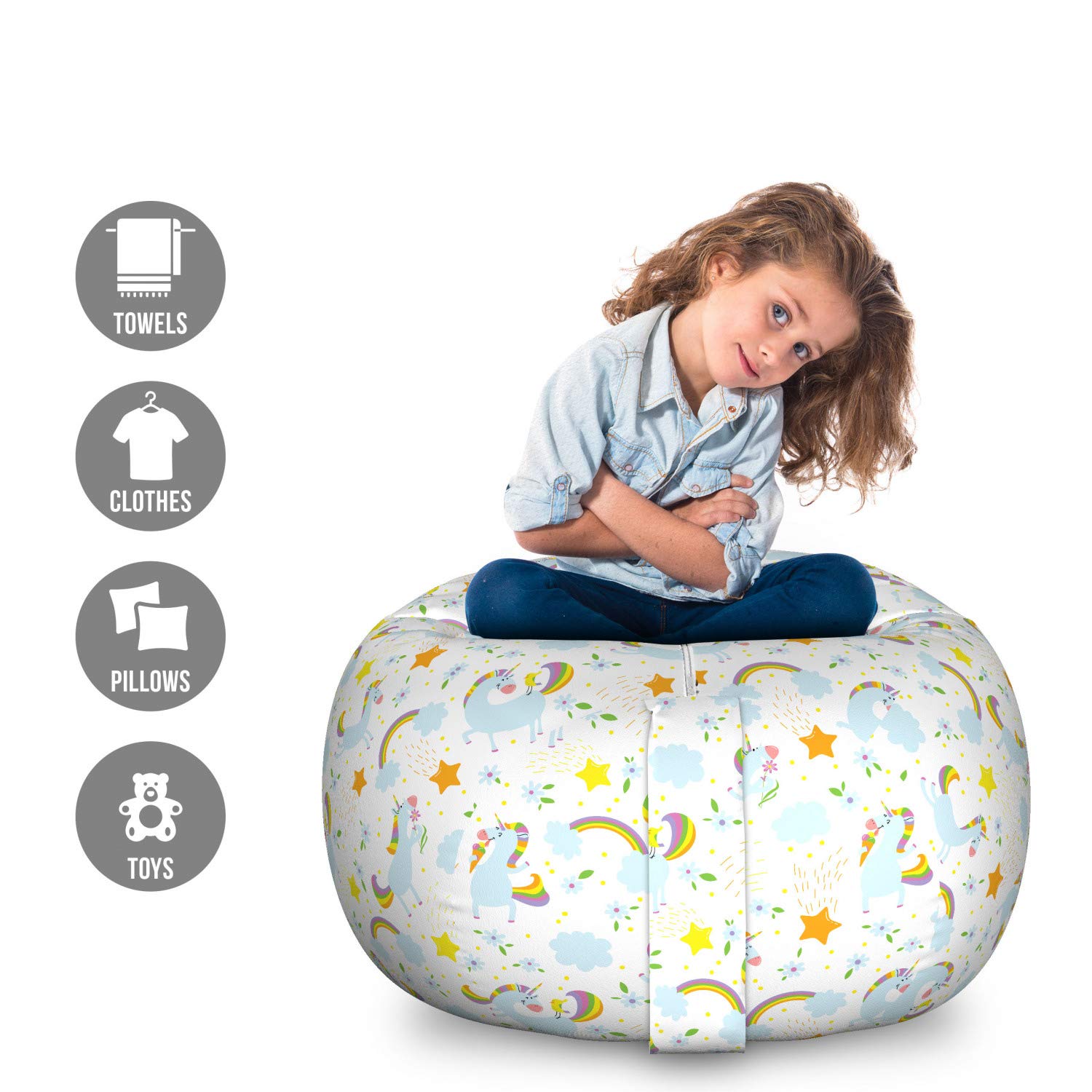 Ambesonne Unicorn Toy Storage Bag Chair - Large Washable Stuffed Animal Organizer with Fantasy Unicorn, Birds, Stars & Flowers Design - Perfect for Kids' Room, Playroom & Nursery Decor