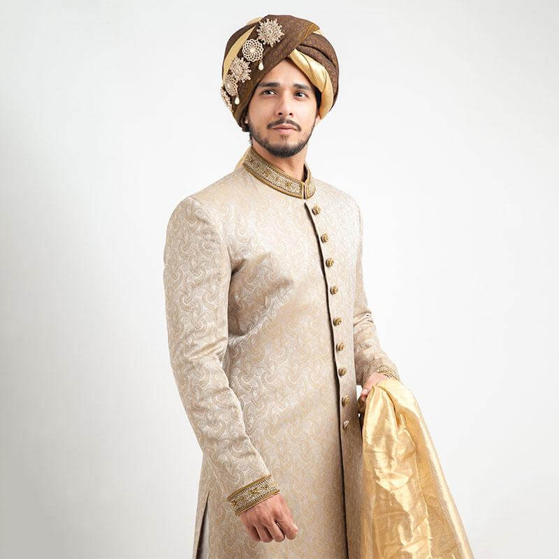 Elegant Ecru Pure Jamavar Sherwani for Men - Traditional Indian Wedding Attire & Formal Occasions