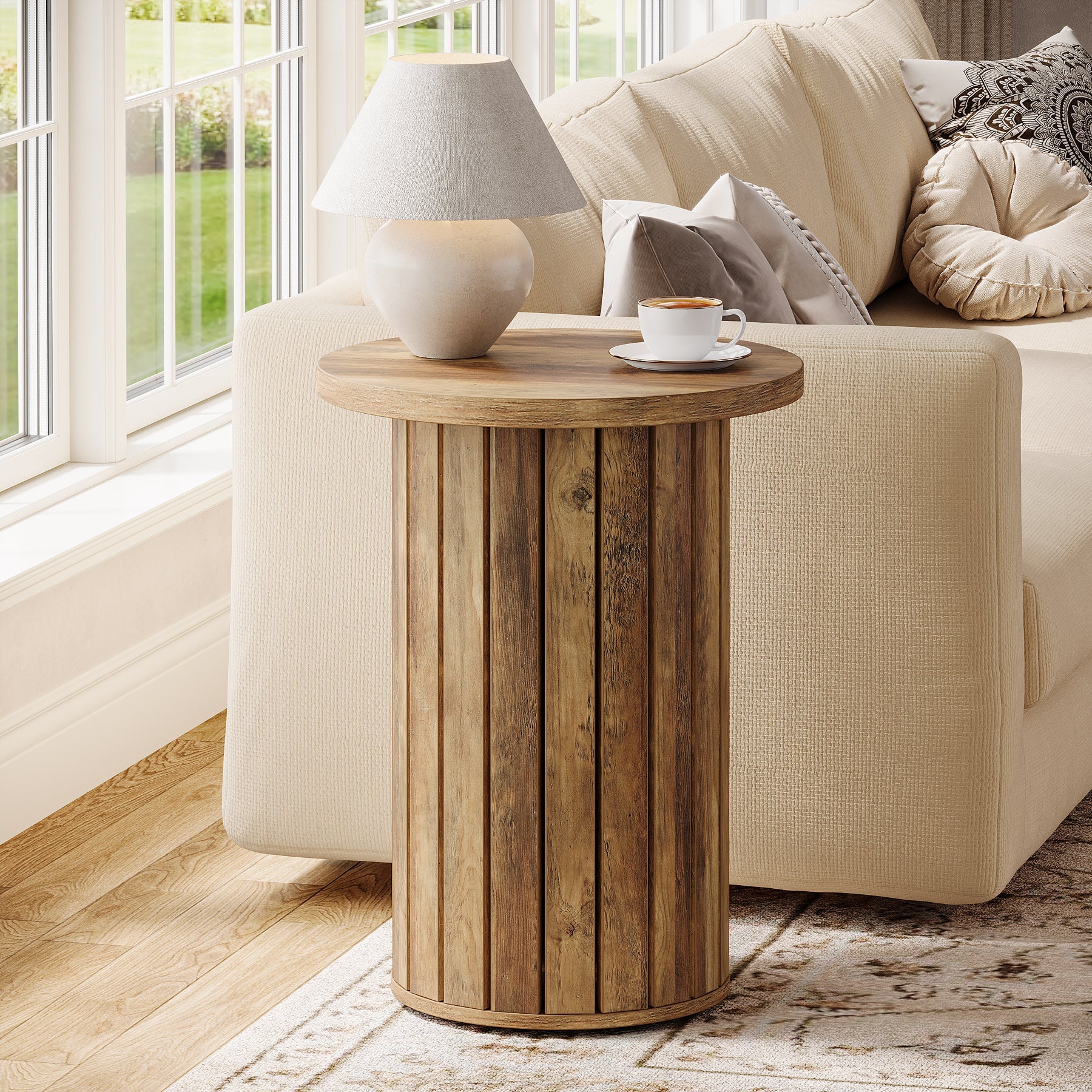 Round Wooden End Table with Pedestal Base - Small Side Table for Couch, Living Room, Bedroom - Perfect for Coffee, Books & Decor