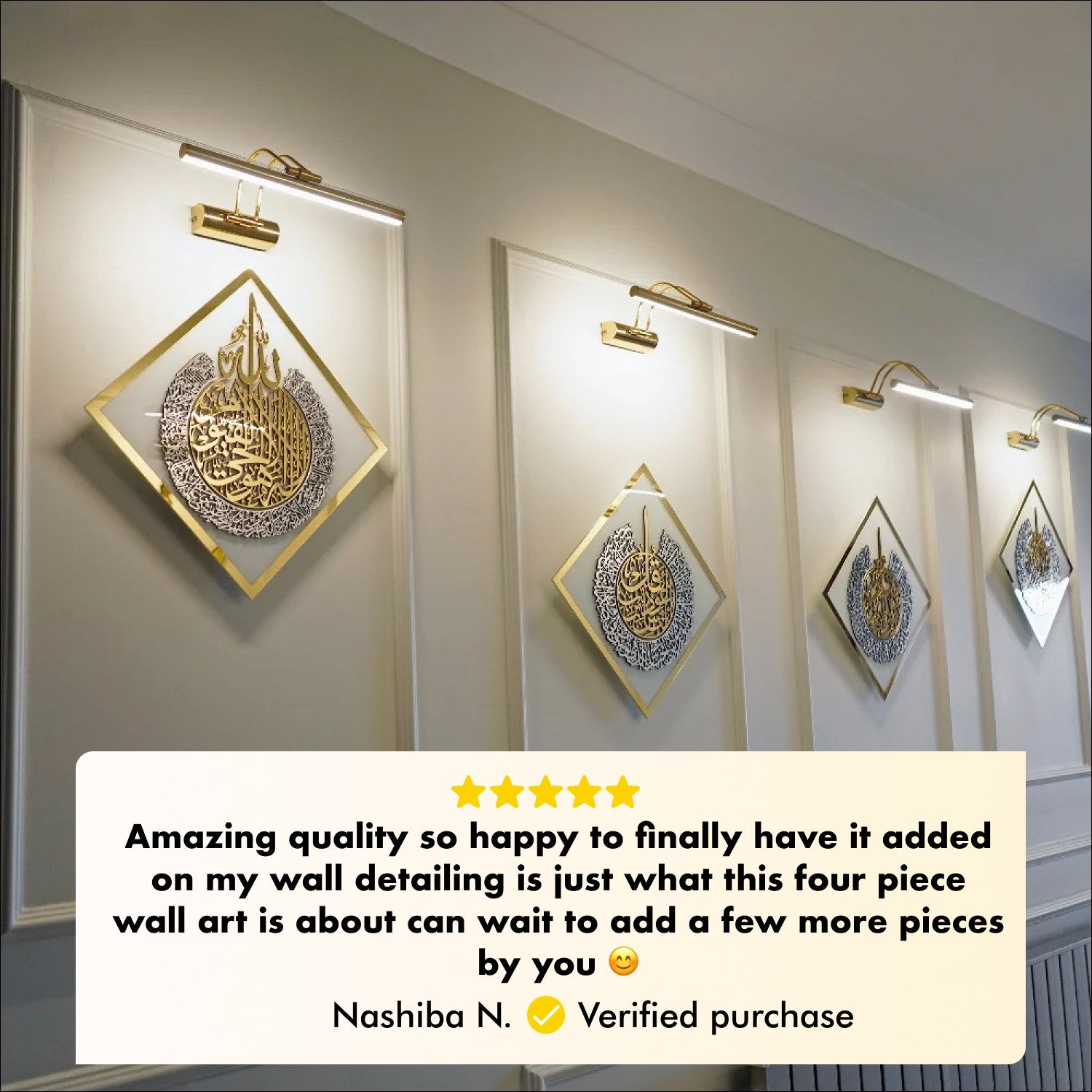 Islamic Wall Art - Diamond Shaped Ayatul Kursi, Surah Falaq, Nas & Ikhlas - Quranic Verse Home Decor for Muslim Prayer Room & Living Room