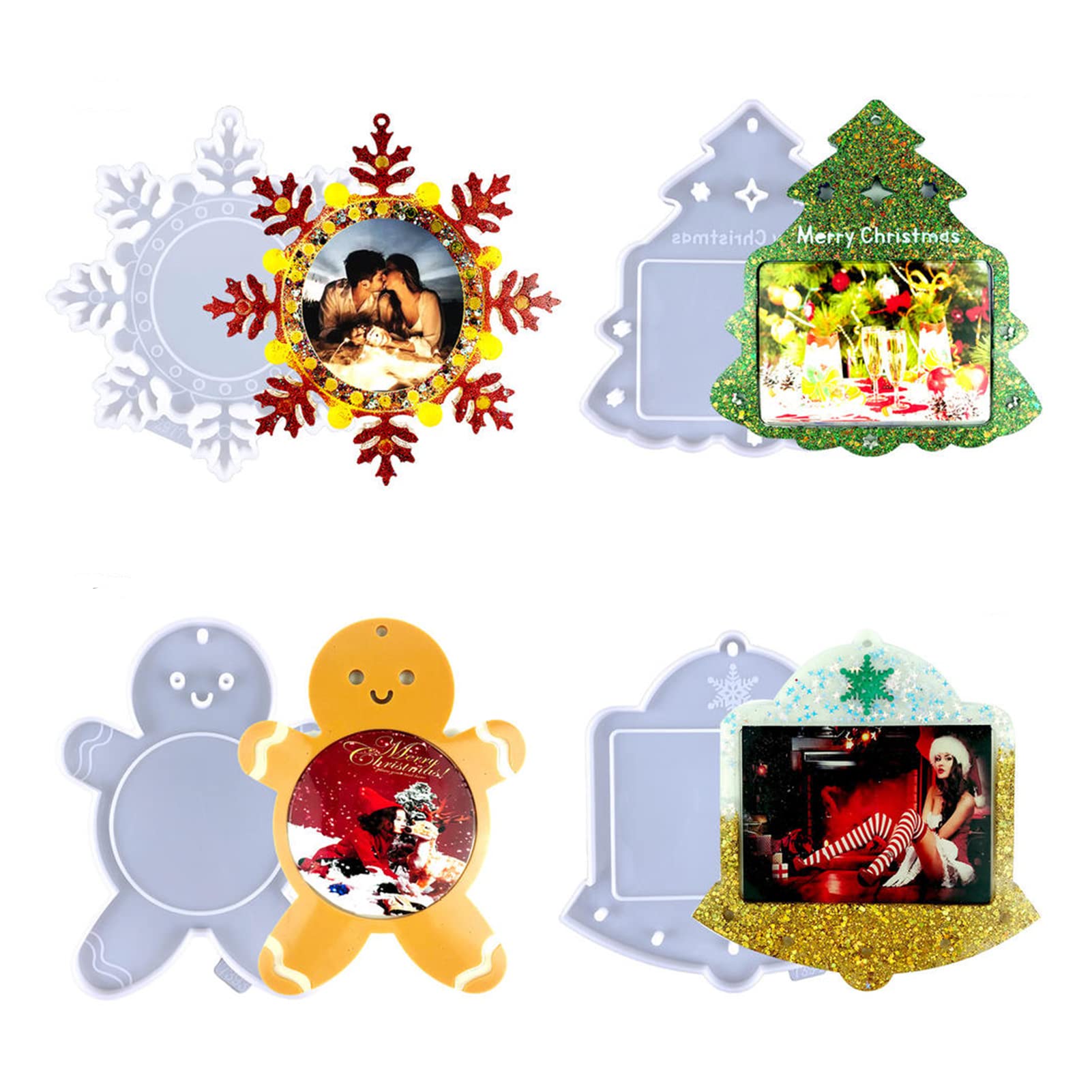 ORNOOU 4-Piece Christmas Resin Molds Set - DIY Photo Frame Pendant Necklace Silicone Molds for Xmas Ornaments & Tree Decorations - Perfect for Holiday Crafts, Gift Making, and Festive Home Decor