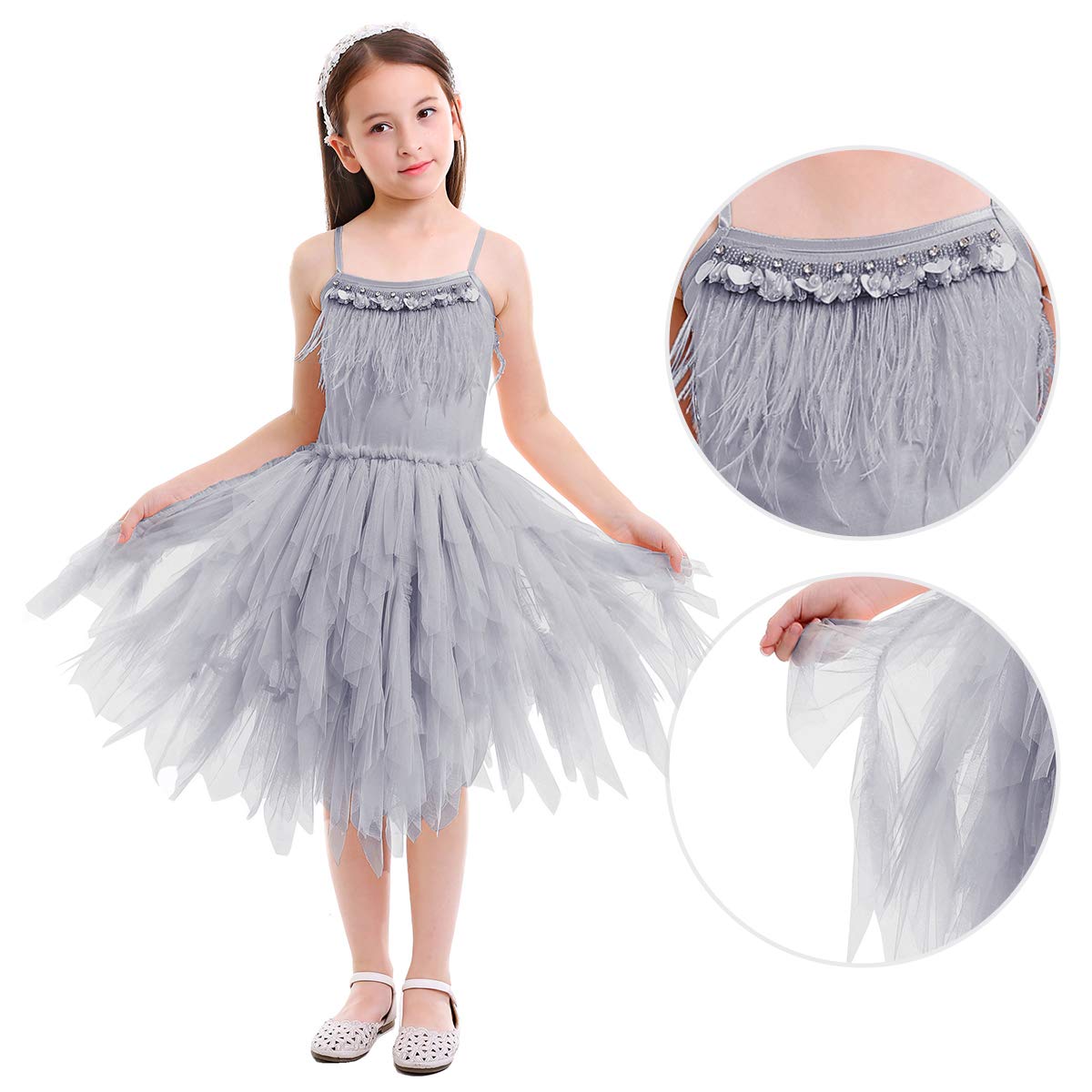 OBEEII Girls Swan Princess Feather Fringe Tutu Dress - Elegant Pageant Party, Wedding, Dance, Birthday Gown for Special Occasions | Perfect for Pageants, Tea Parties & Photo Shoots