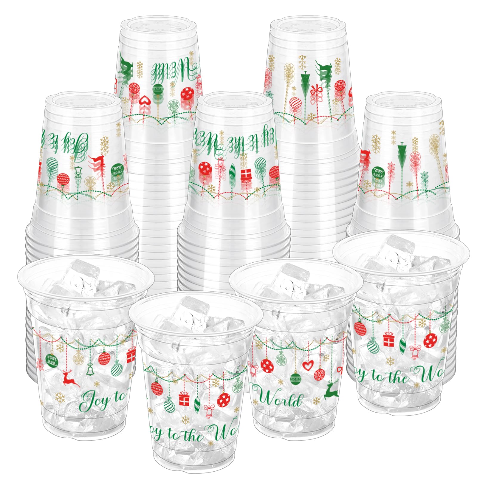 100 Pcs 12oz Christmas Disposable Plastic Cups with Holiday Ball Designs - Bulk Party Cups for Xmas Celebrations, Office Parties & Family Gatherings - Perfect for Hot/Cold Drinks at Holiday Events
