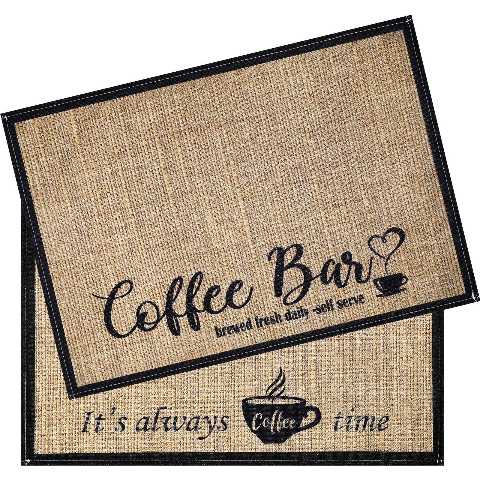 2-Pack Burlap Coffee Bar Mats 20x14 Inch - Non-Slip Fabric Backing Placemats for Coffee Machines, Espresso Bars & Kitchen Countertops - Perfect for Coffee Shops, Home Cafes & Office Break Rooms (Coffee Time)