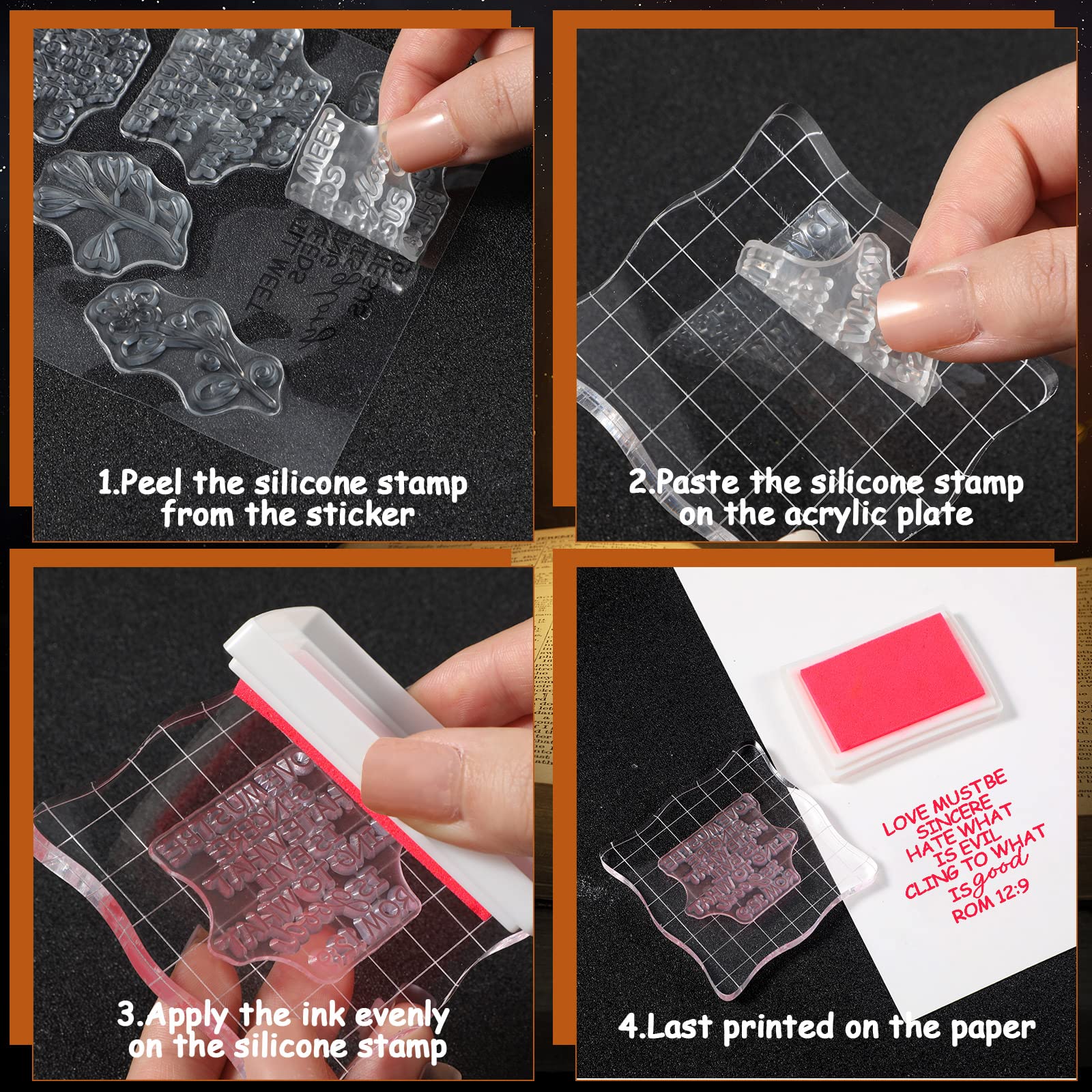 4 Pack Clear Acrylic Stamps for Bible Verses - Christian Scrapbooking Rubber Stamps with 2 Grid-Lined Blocks - DIY Crafting Supplies for Card Making, Journaling & Scripture Art (Elegant Style)