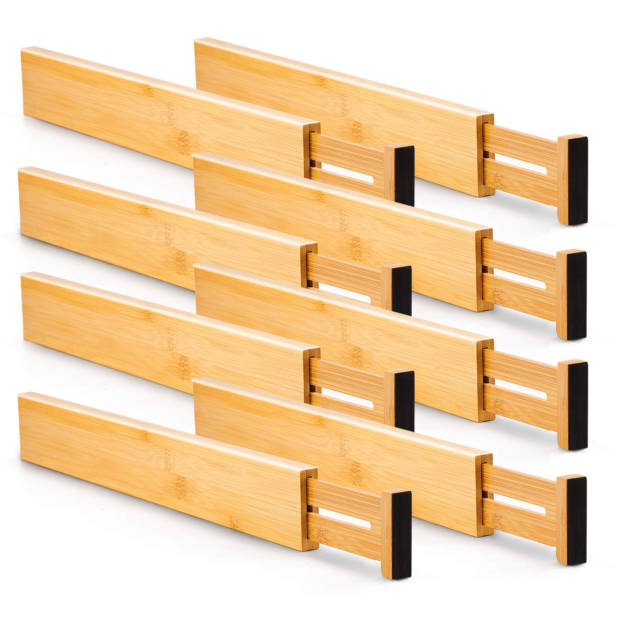 Expandable Bamboo Drawer Dividers - Adjustable Spring-Loaded Organizer for Kitchen, Dresser, Bedroom, Bathroom & Office (Set of 8) | Perfect for Utensil Storage, Jewelry Organization & Desk Accessory Management