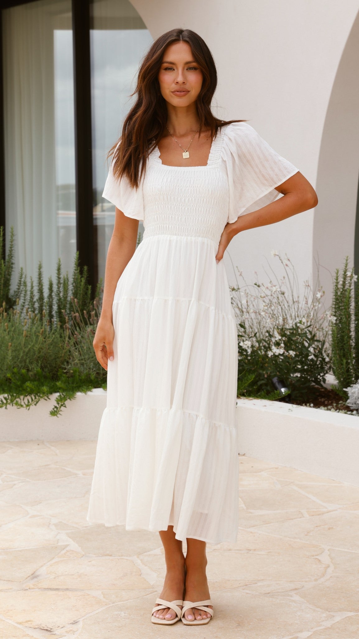 Lainey Midi Dress for Women - Elegant White Summer Dress for Casual Wear, Office & Party | Flowy A-Line Knee Length Dress with Short Sleeves