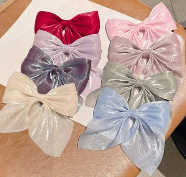 5+1 Free Large Hair Bow Clips for Women & Girls | Chiffon Ribbon Barrettes & Hair Accessories | Perfect for Parties, Weddings & Daily Styling (Holographic Big Bows)