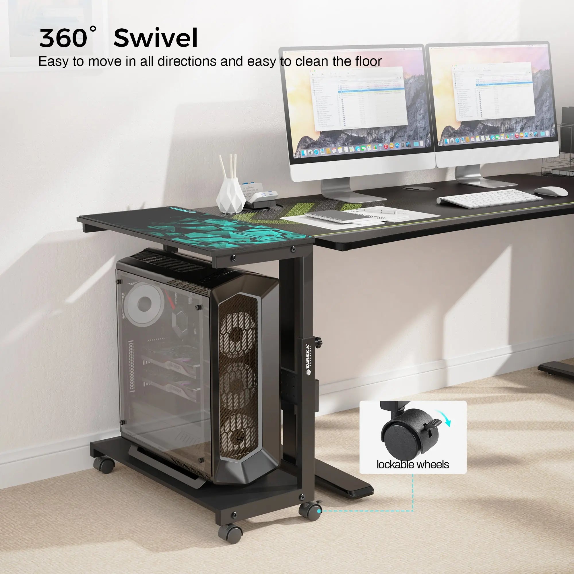 Adjustable Mobile CPU Cart with Wheels - Portable Computer Stand for Office, Home & Gaming Setup - Ergonomic Workspace Solution