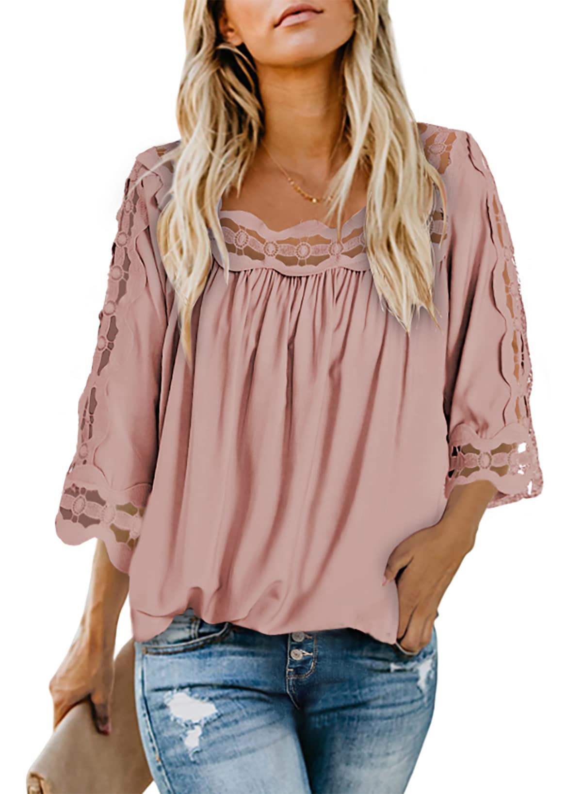 Dokotoo Women's 3/4 Sleeve Lace Crochet Blouse - Flowy Square Neck Solid Color Summer Top for Casual Wear, Date Night & Office Outfits