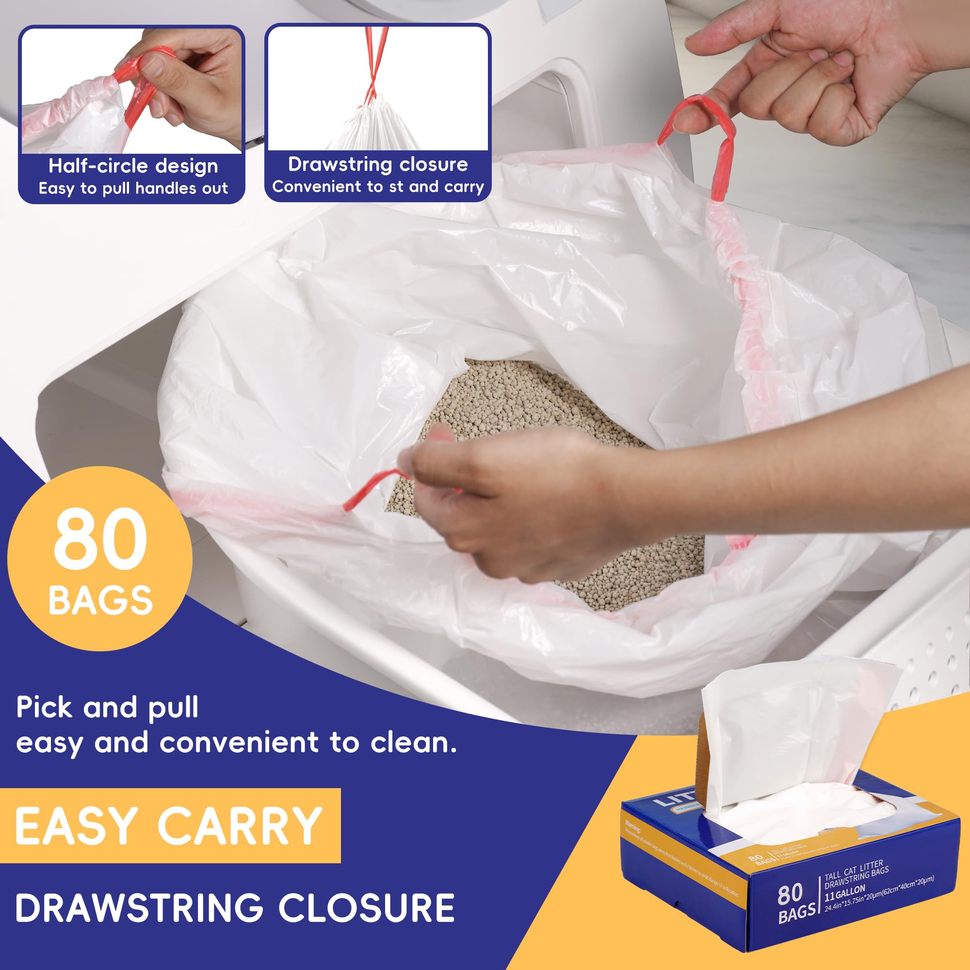 80 Pack Drawstring Litter Liners for Self-Cleaning Cat Boxes - Thick Waste Bags Compatible with Litter Robot 3 & 4 | Odor Control Pet Waste Disposal | Perfect for Home, Kitchen Trash Cans & Automatic Litter Boxes